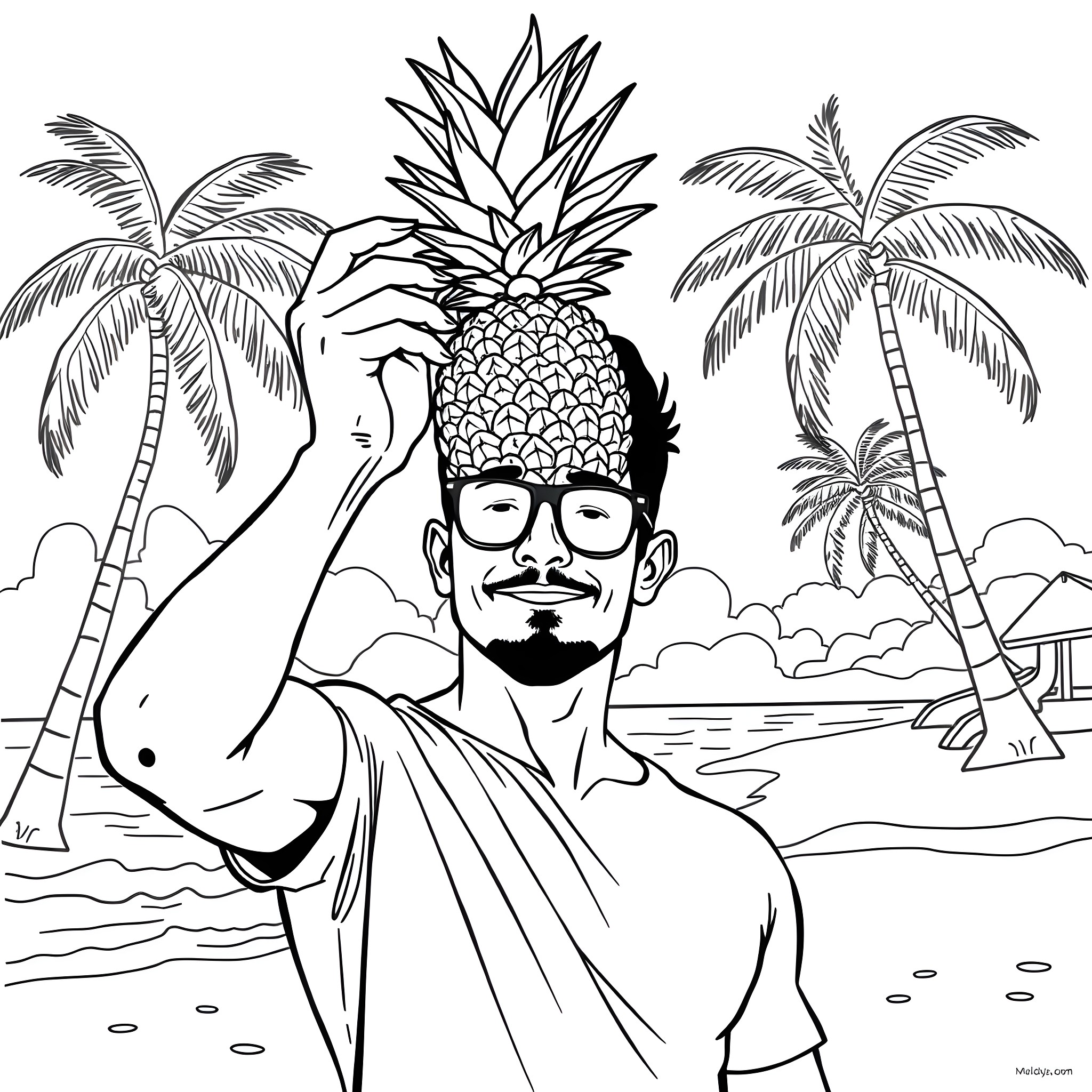 Paulo Dybala enjoying a tropical vacation Coloring Page (free black-and-white line drawing printable PDF for all, from beginners to advanced learners, including children, teens, adults, and seniors)