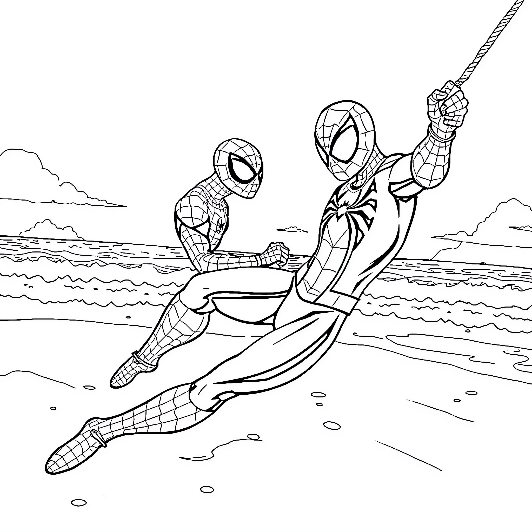 Spiderman heroically swinging over the ocean Coloring Page (free black-and-white line drawing printable PDF for all, from beginners to advanced learners, including children, teens, adults, and seniors)
