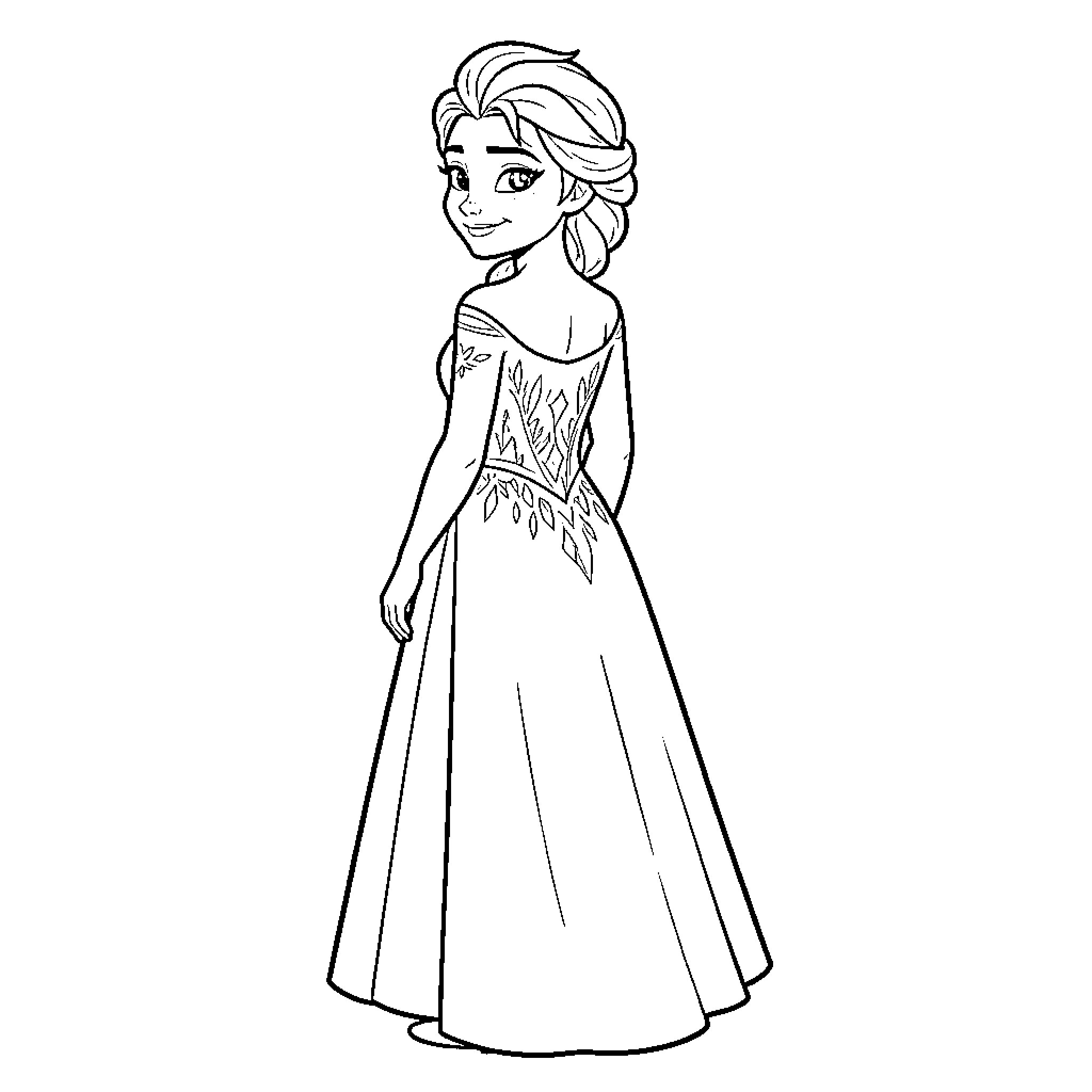 Elsa dressed in a beautiful gown Coloring Page (free black-and-white line drawing printable PDF for all, from beginners to advanced learners, including children, teens, adults, and seniors)