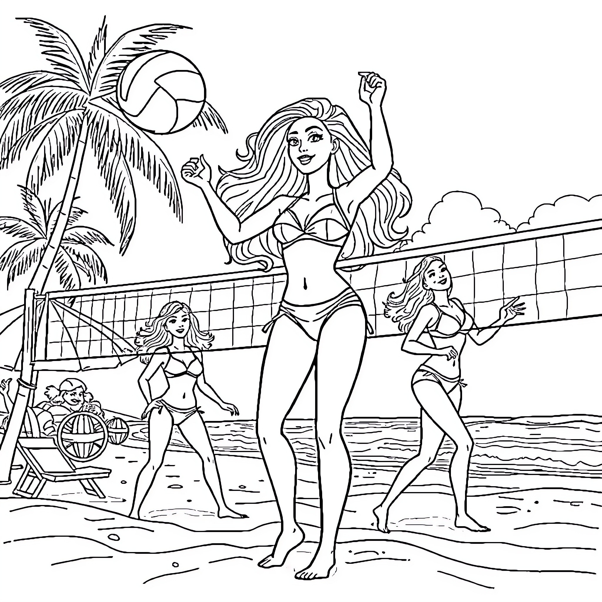 Barbie playing beach volleyball with friends Coloring Page (free black-and-white line drawing printable PDF for all, from beginners to advanced learners, including children, teens, adults, and seniors)