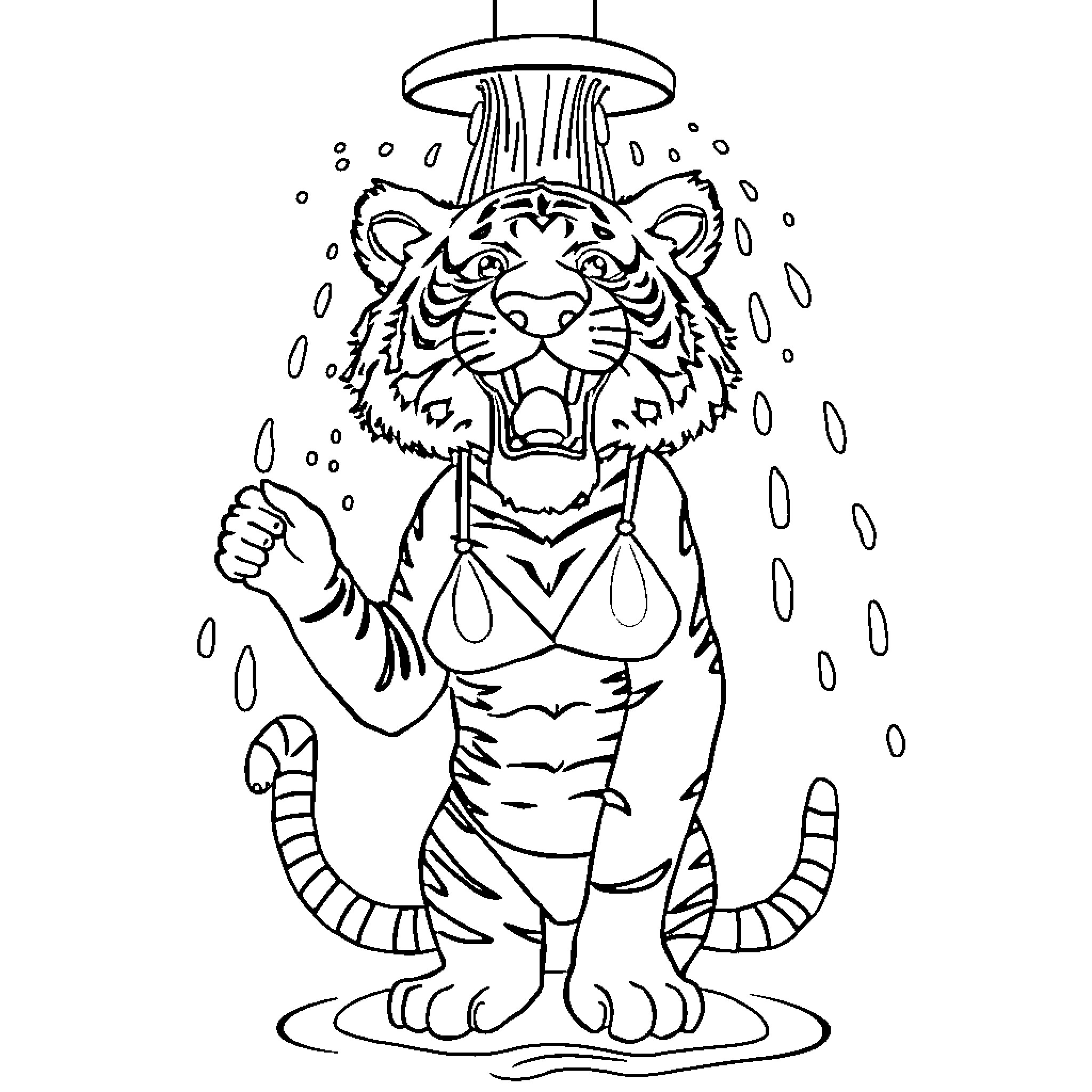 Tiger showering under rain with determination Coloring Page (free black-and-white line drawing printable PDF for all, from beginners to advanced learners, including children, teens, adults, and seniors)