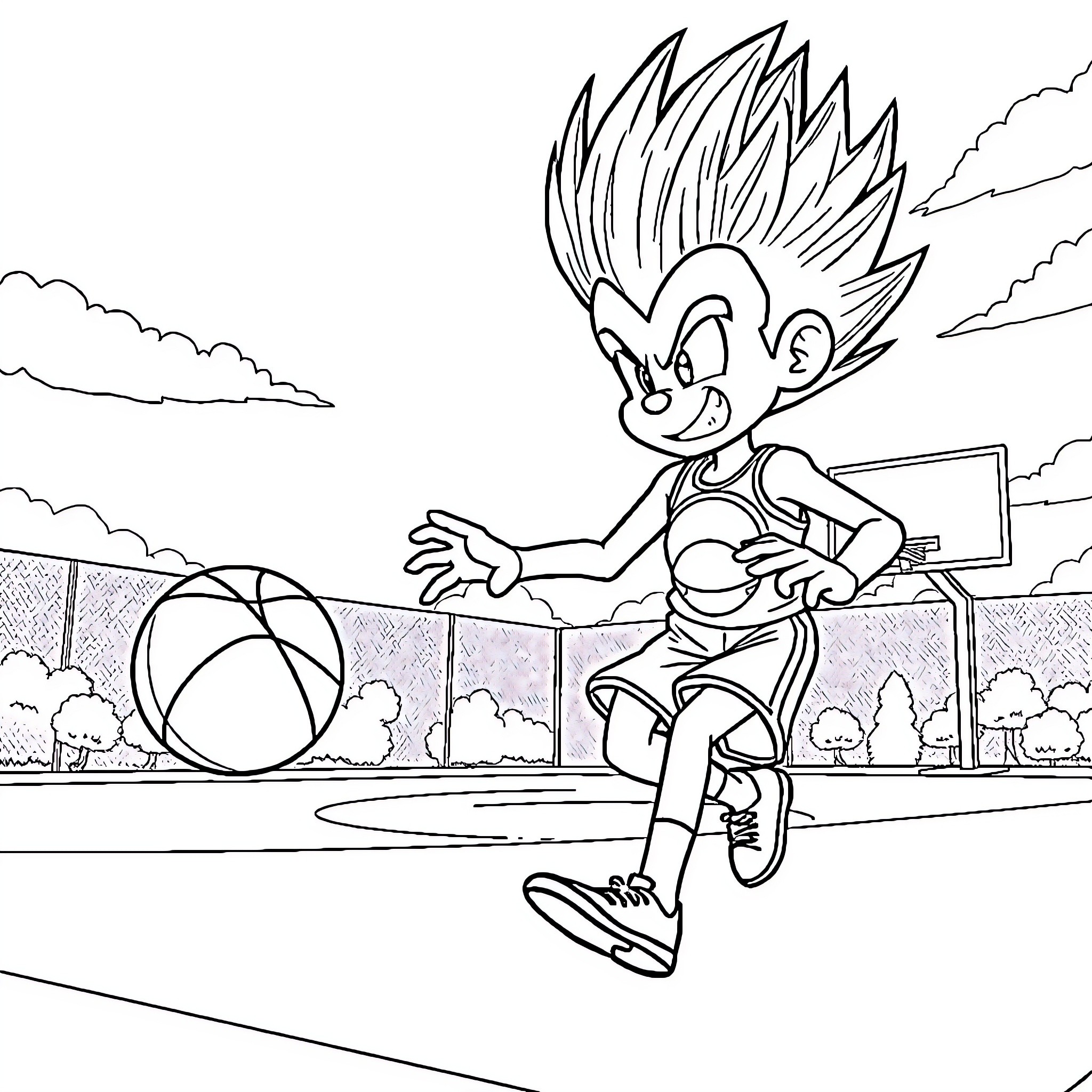 Vegeta playing with a ball on the basketball court Coloring Page (free black-and-white line drawing printable PDF for all, from beginners to advanced learners, including children, teens, adults, and seniors)