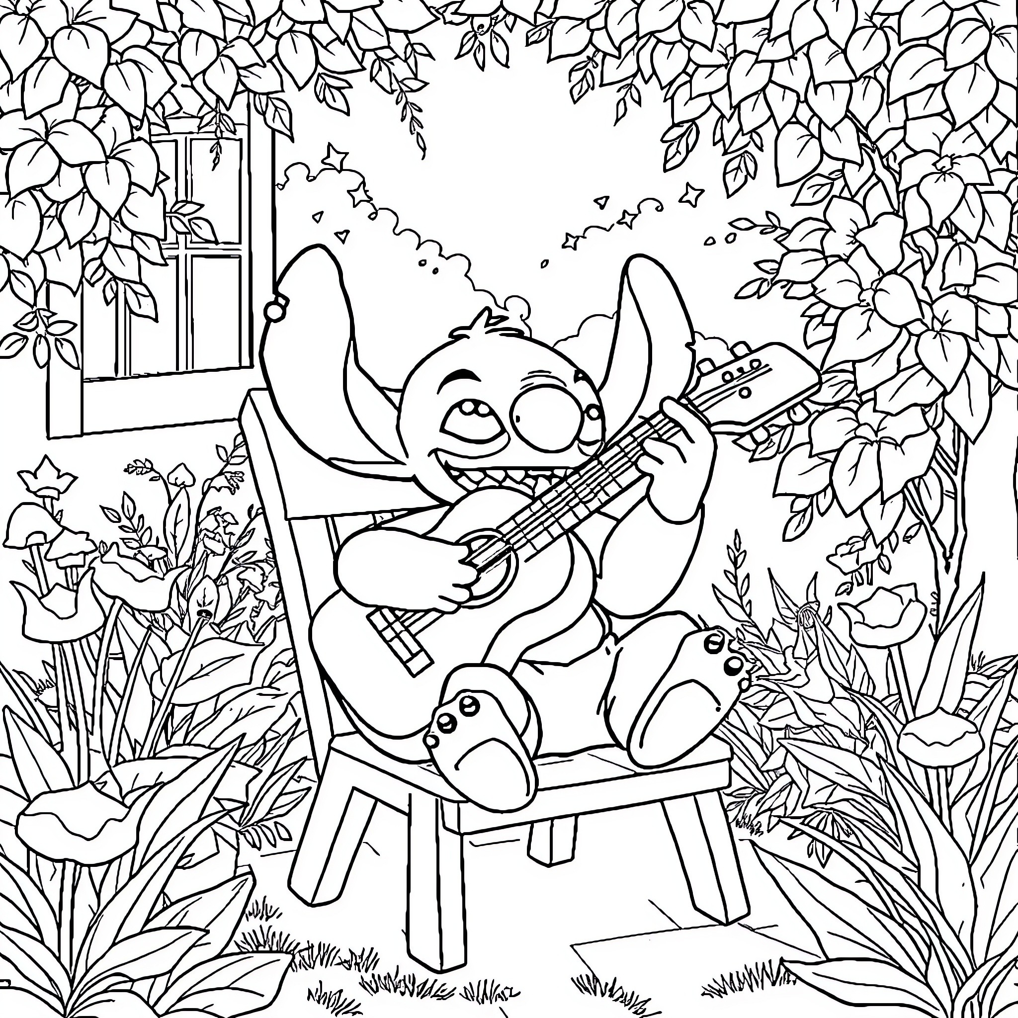 Stitch playing guitar in a lush garden Coloring Page (free black-and-white line drawing printable PDF for all, from beginners to advanced learners, including children, teens, adults, and seniors)