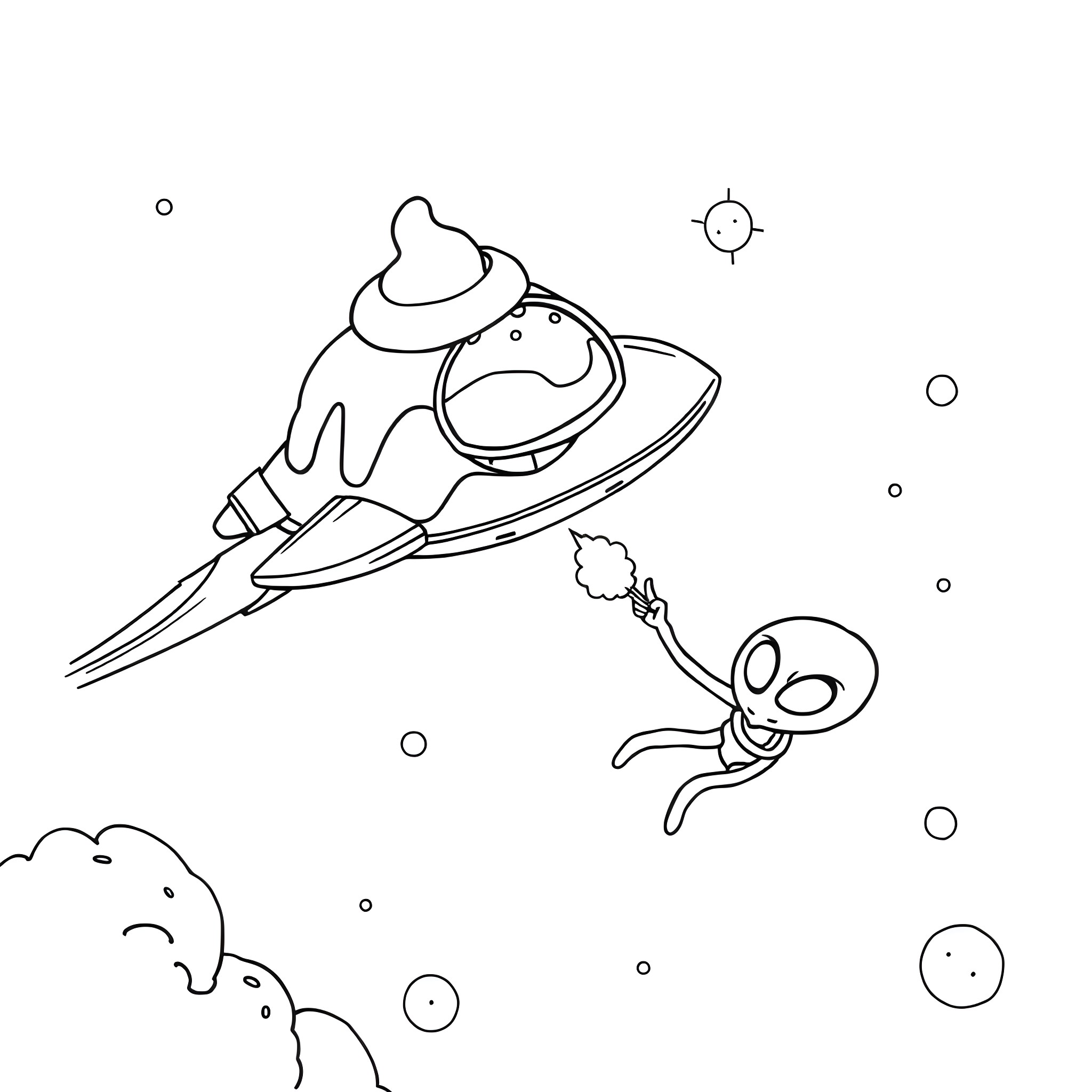 Spaceship zooming through space with alien companion Coloring Page (free black-and-white line drawing printable PDF for all, from beginners to advanced learners, including children, teens, adults, and seniors)
