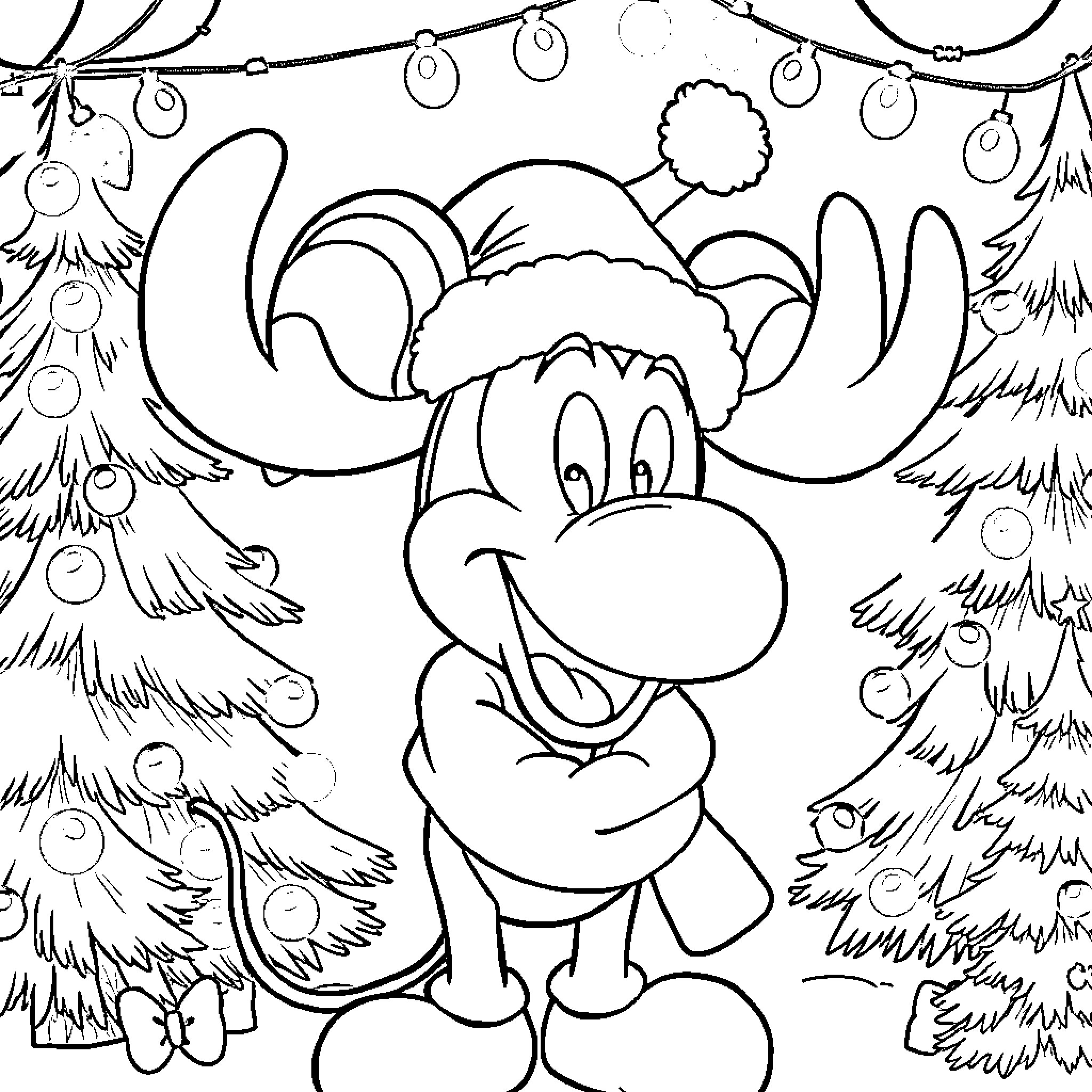 Mickey Moose enjoying the festive scene with Christmas trees Coloring Page (free black-and-white line drawing printable PDF for all, from beginners to advanced learners, including children, teens, adults, and seniors)