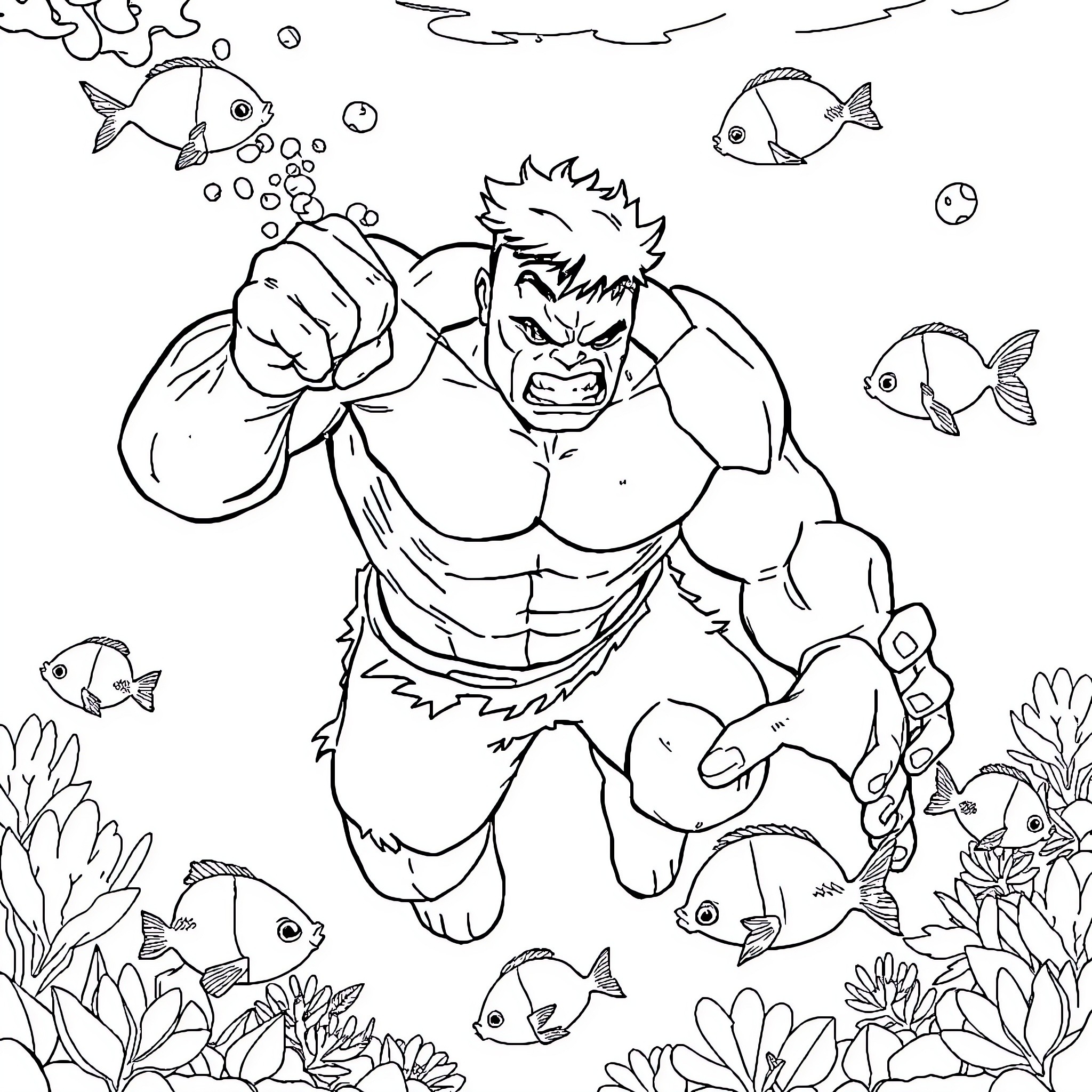 Hulk Smashing Through Underwater Coral Reef Coloring Page (free black-and-white line drawing printable PDF for all, from beginners to advanced learners, including children, teens, adults, and seniors)