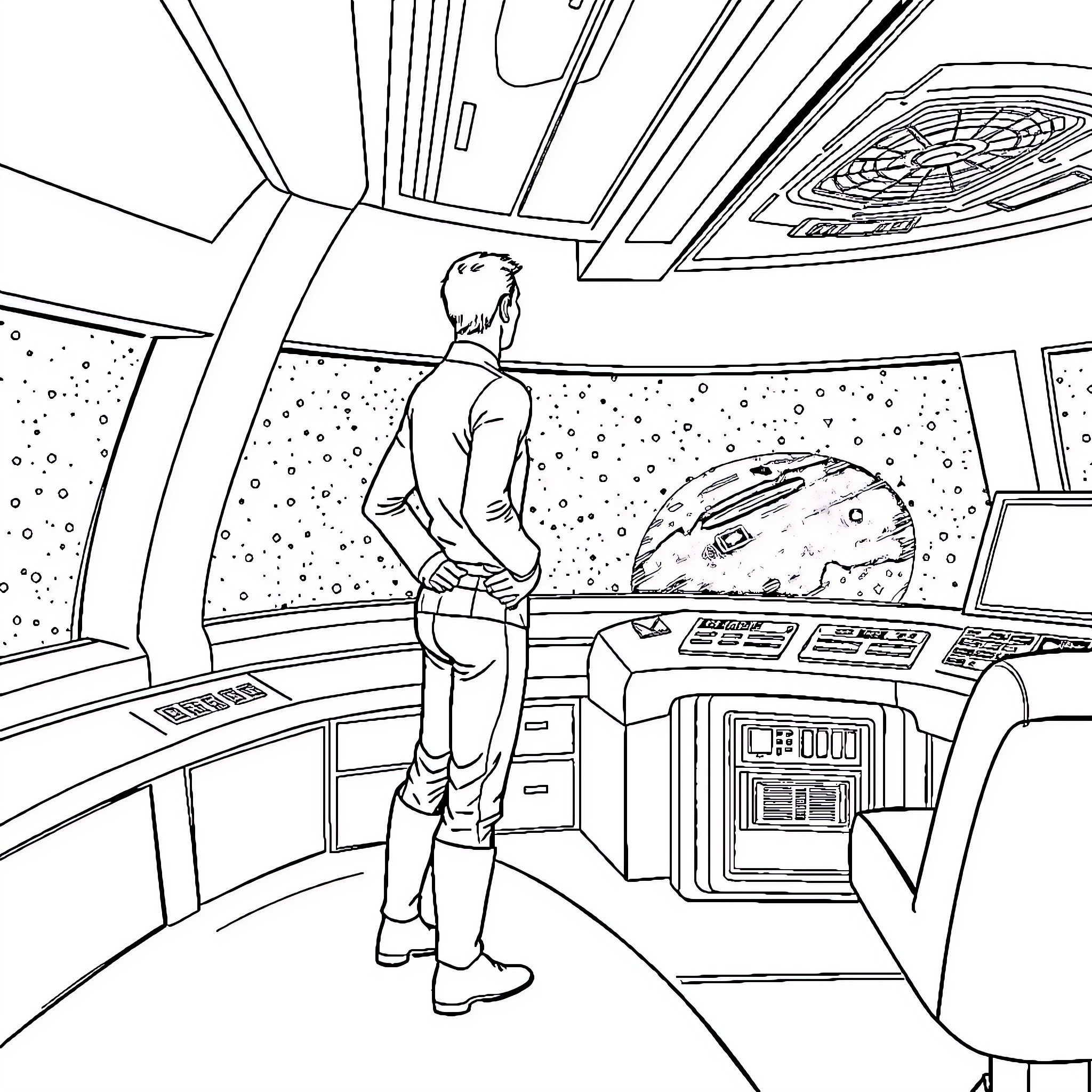 Captain Kirk observing alien technology in the Enterprise Coloring Page (free black-and-white line drawing printable PDF for all, from beginners to advanced learners, including children, teens, adults, and seniors)