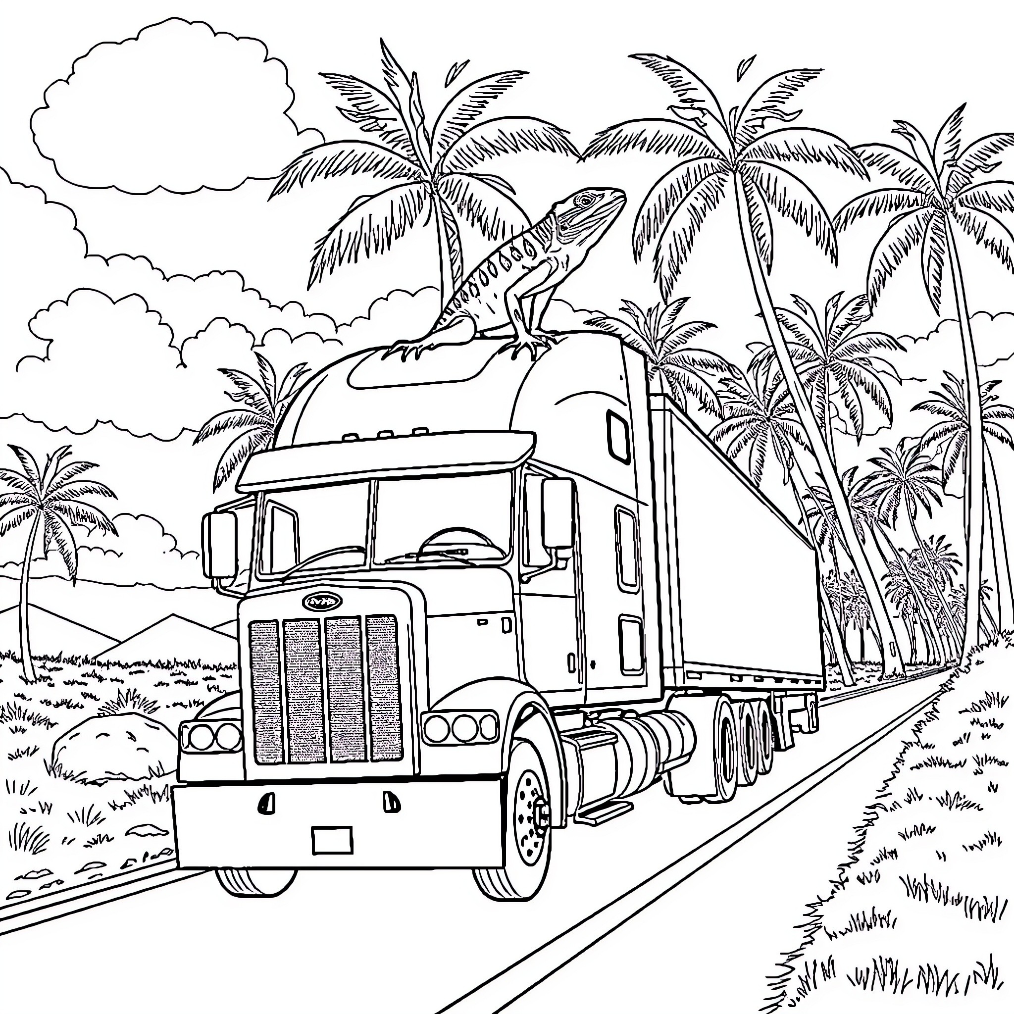 Lizard exploring a tropical truck route Coloring Page (free black-and-white line drawing printable PDF for all, from beginners to advanced learners, including children, teens, adults, and seniors)