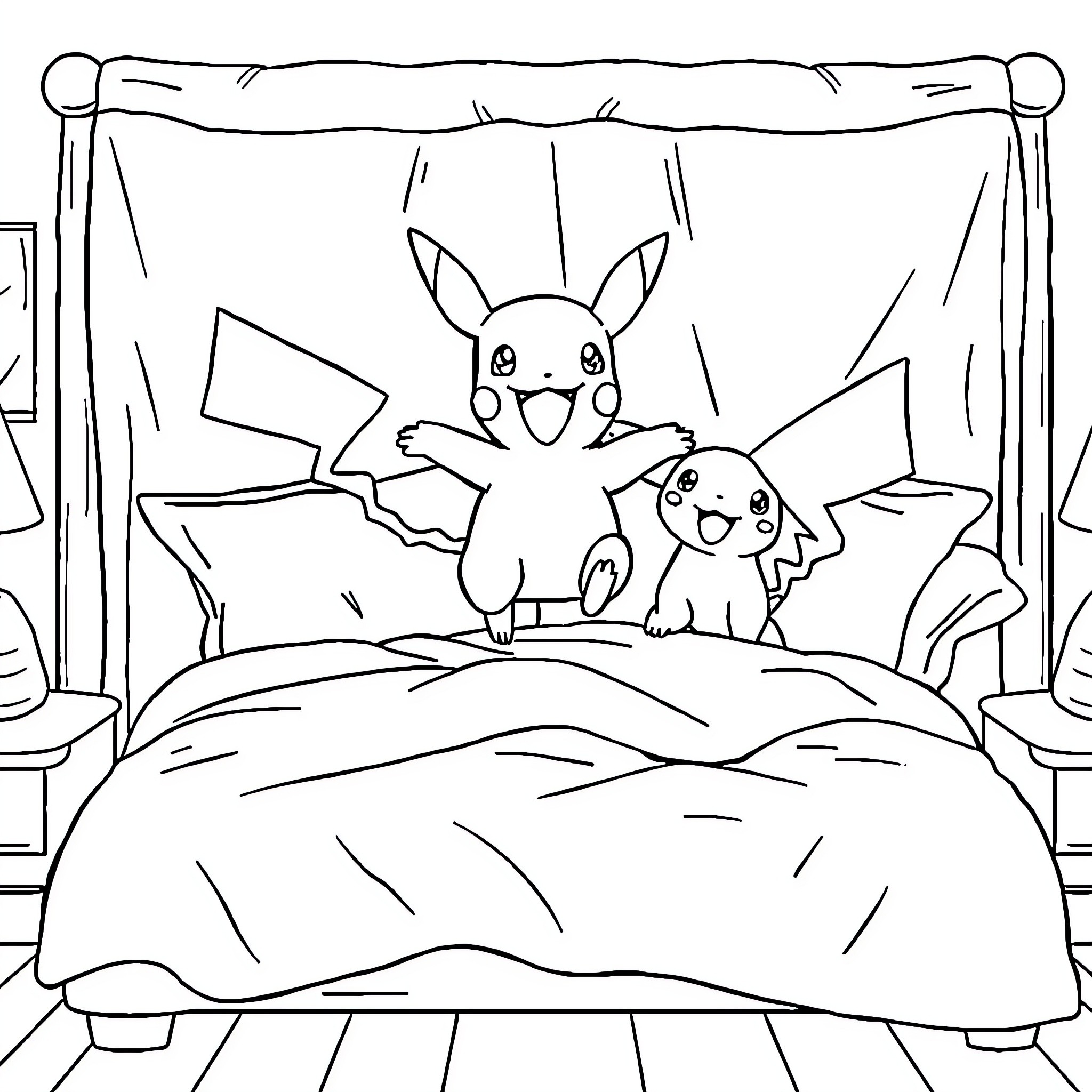 Pokémon Pikachu and Pichu playing on a bed Coloring Page (free black-and-white line drawing printable PDF for all, from beginners to advanced learners, including children, teens, adults, and seniors)