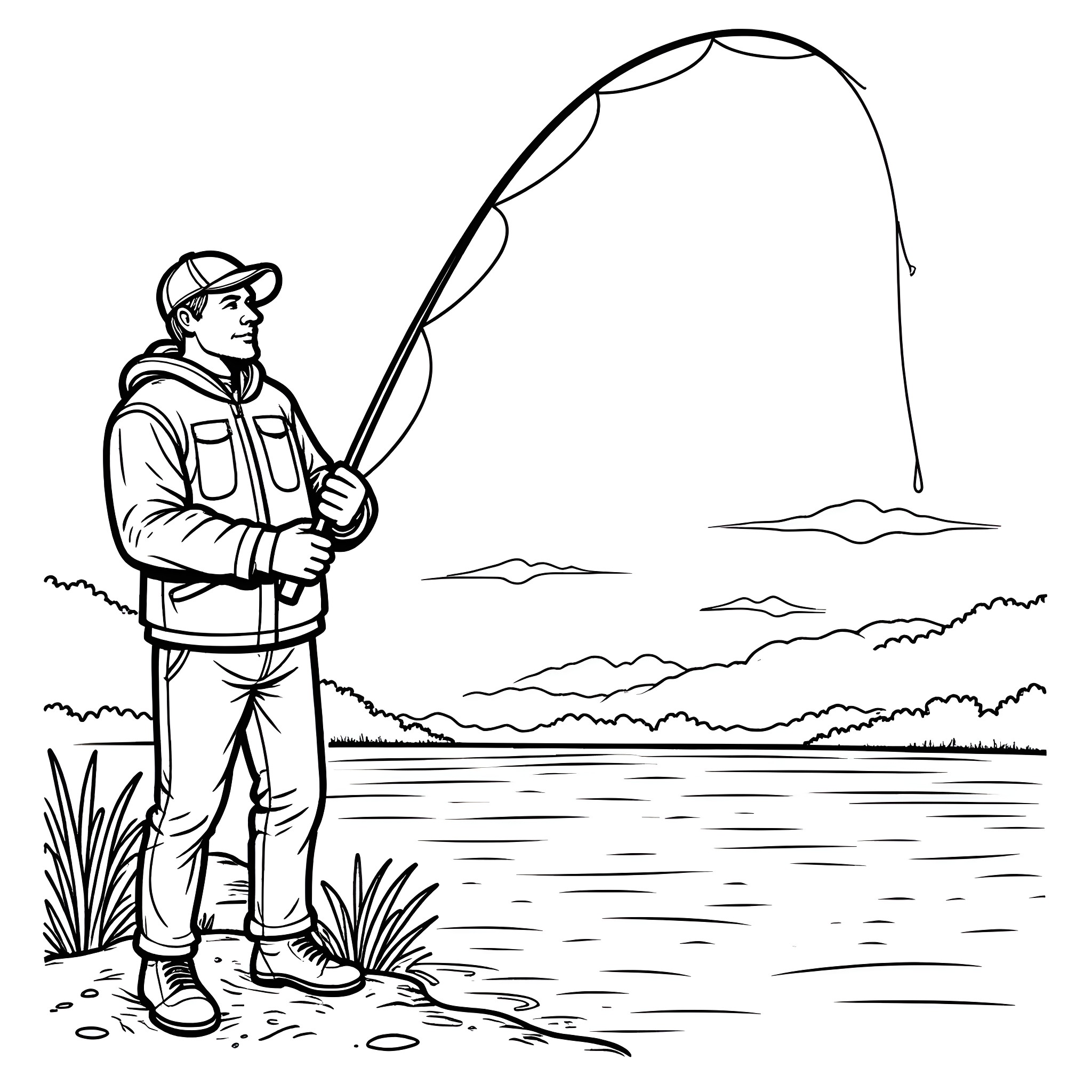 Fisherman casting line into tranquil lake Coloring Page (free black-and-white line drawing printable PDF for all, from beginners to advanced learners, including children, teens, adults, and seniors)