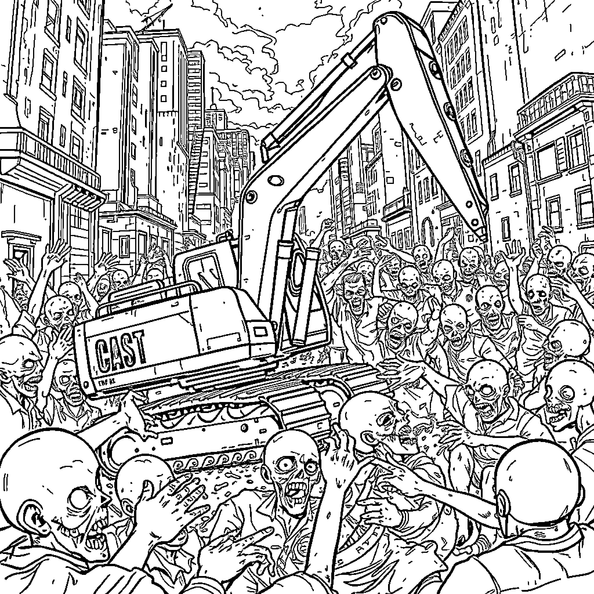 Excavator Clearing Debris Amidst Crowd of Figures Coloring Page (free black-and-white line drawing printable PDF for all, from beginners to advanced learners, including children, teens, adults, and seniors)