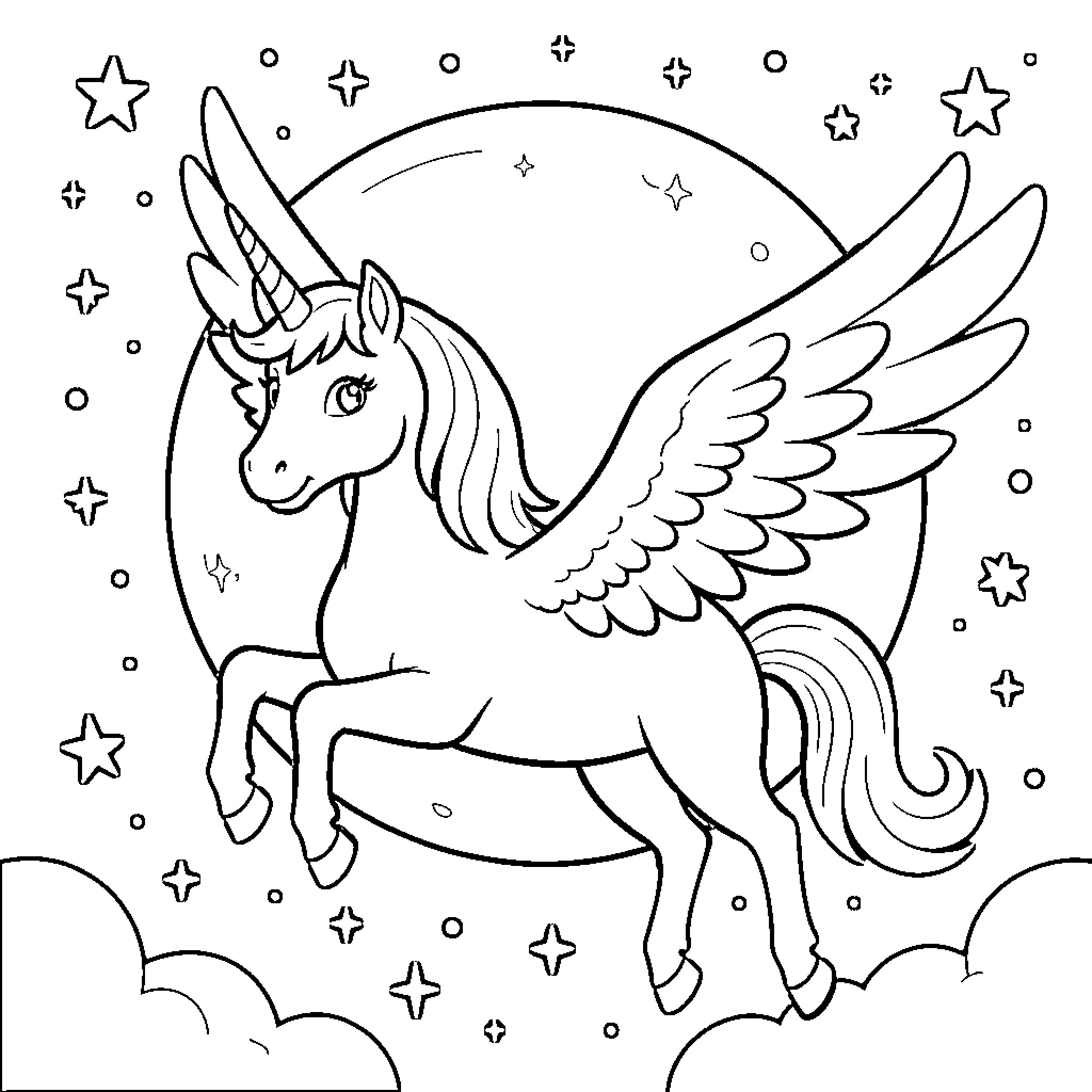 Unicorn flying gracefully in the starry night sky Coloring Page (free black-and-white line drawing printable PDF for all, from beginners to advanced learners, including children, teens, adults, and seniors)