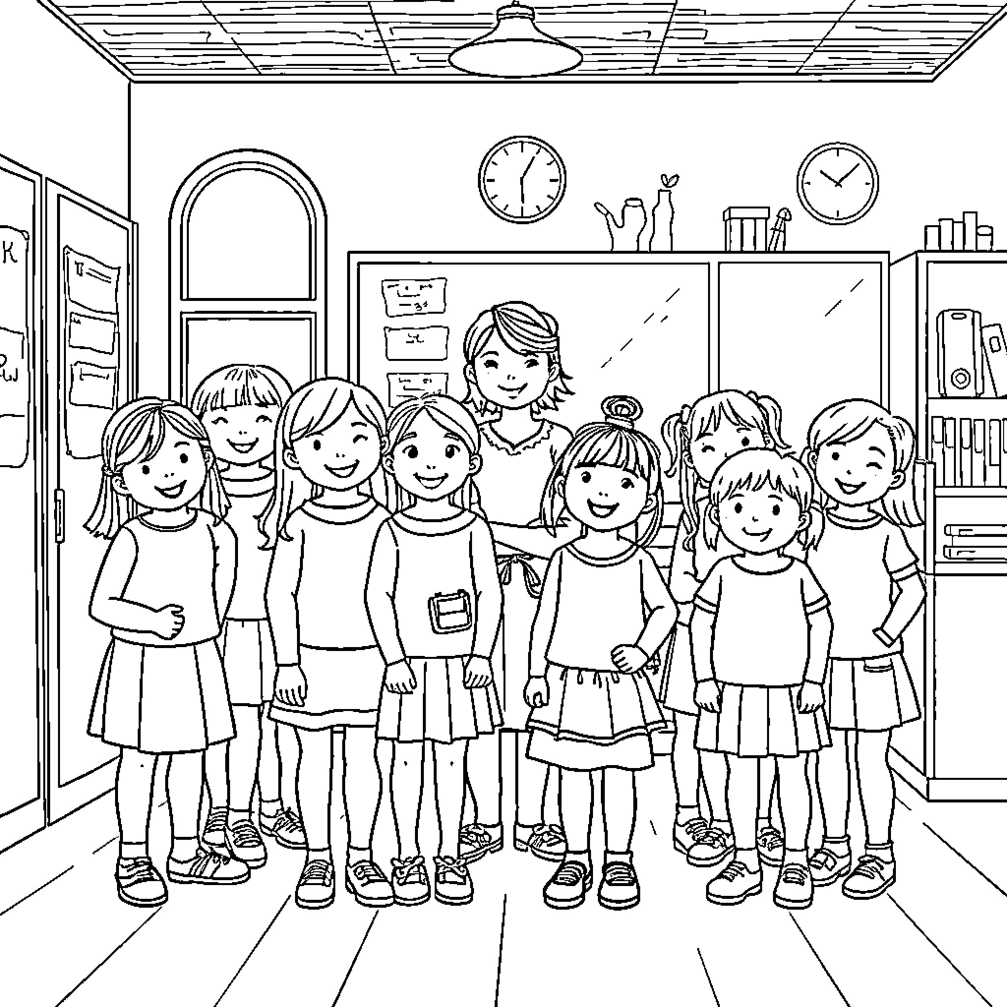 Child Group in Classroom Setting Coloring Page (free black-and-white line drawing printable PDF for all, from beginners to advanced learners, including children, teens, adults, and seniors)