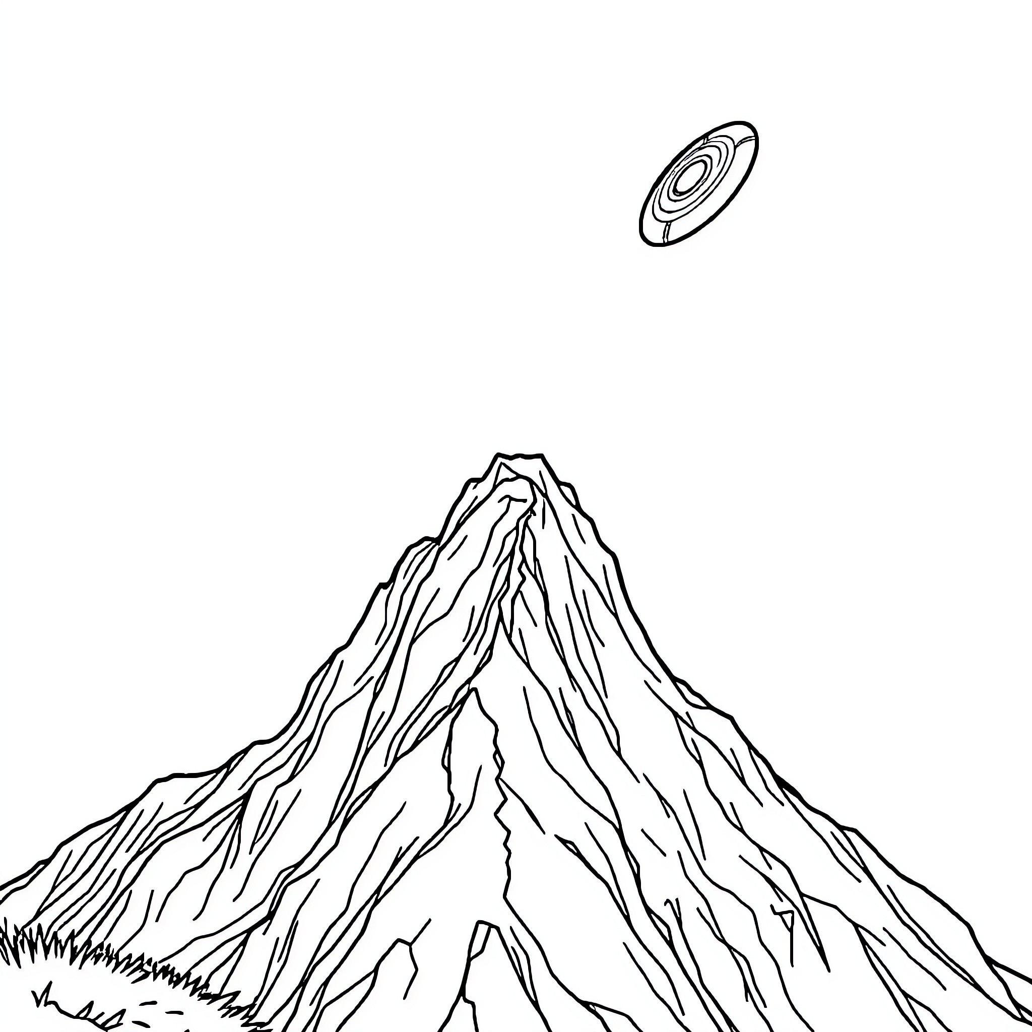 Frisbee soaring over rugged mountain landscape Coloring Page (free black-and-white line drawing printable PDF for all, from beginners to advanced learners, including children, teens, adults, and seniors)