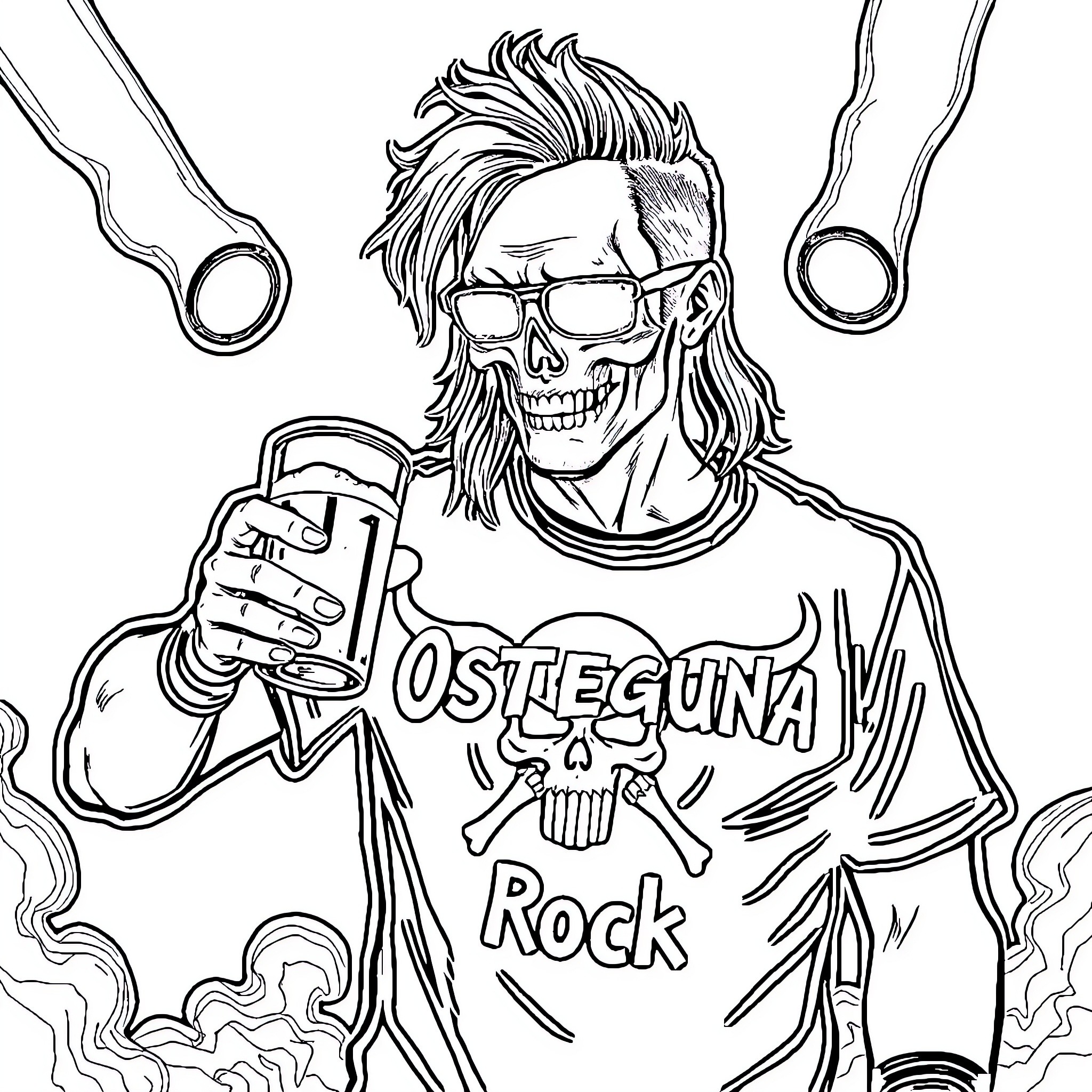 Rock Singer Holding Drink with Skull Logo and Smoke Coloring Page (free black-and-white line drawing printable PDF for all, from beginners to advanced learners, including children, teens, adults, and seniors)
