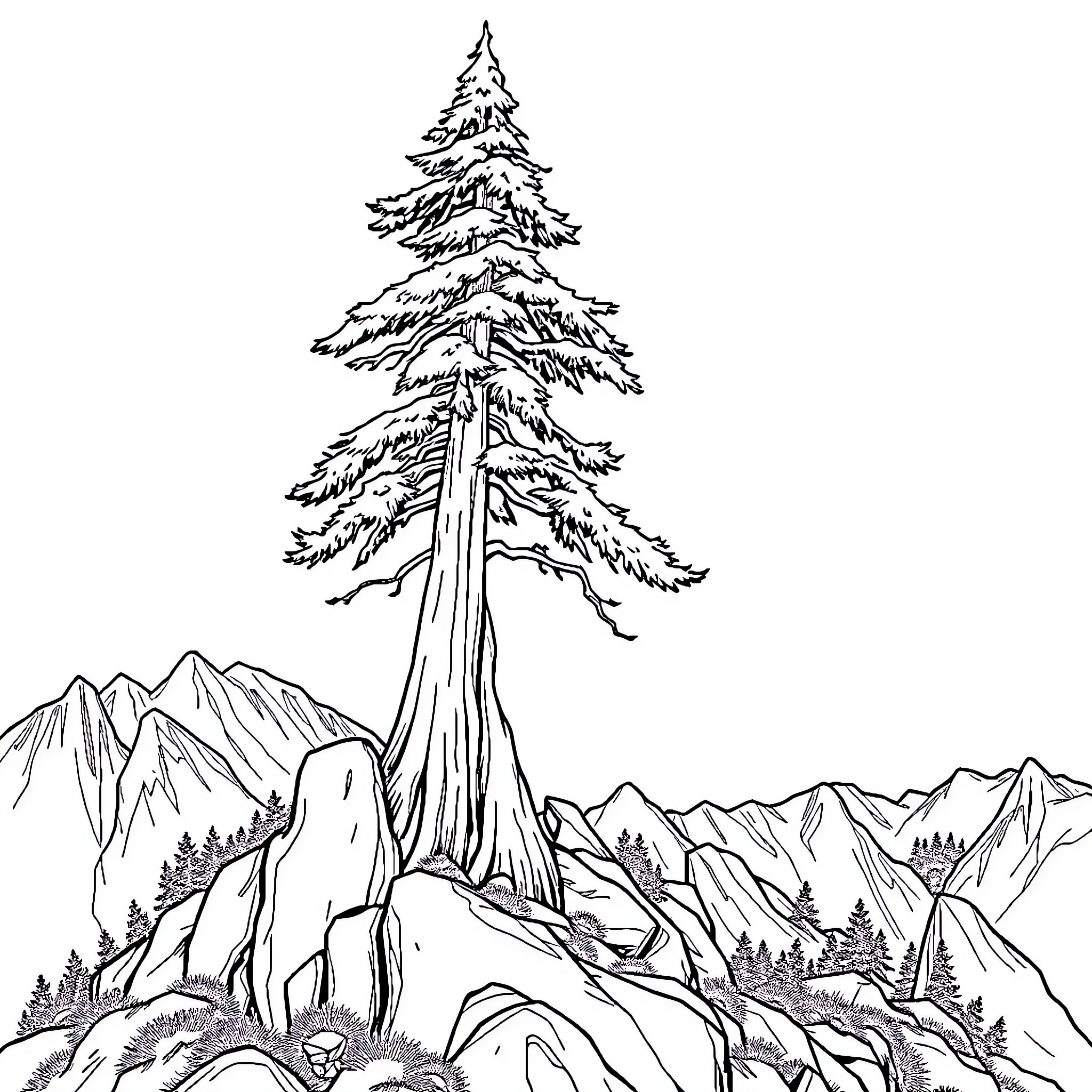 Tree standing tall in snowy mountain landscape Coloring Page (free black-and-white line drawing printable PDF for all, from beginners to advanced learners, including children, teens, adults, and seniors)