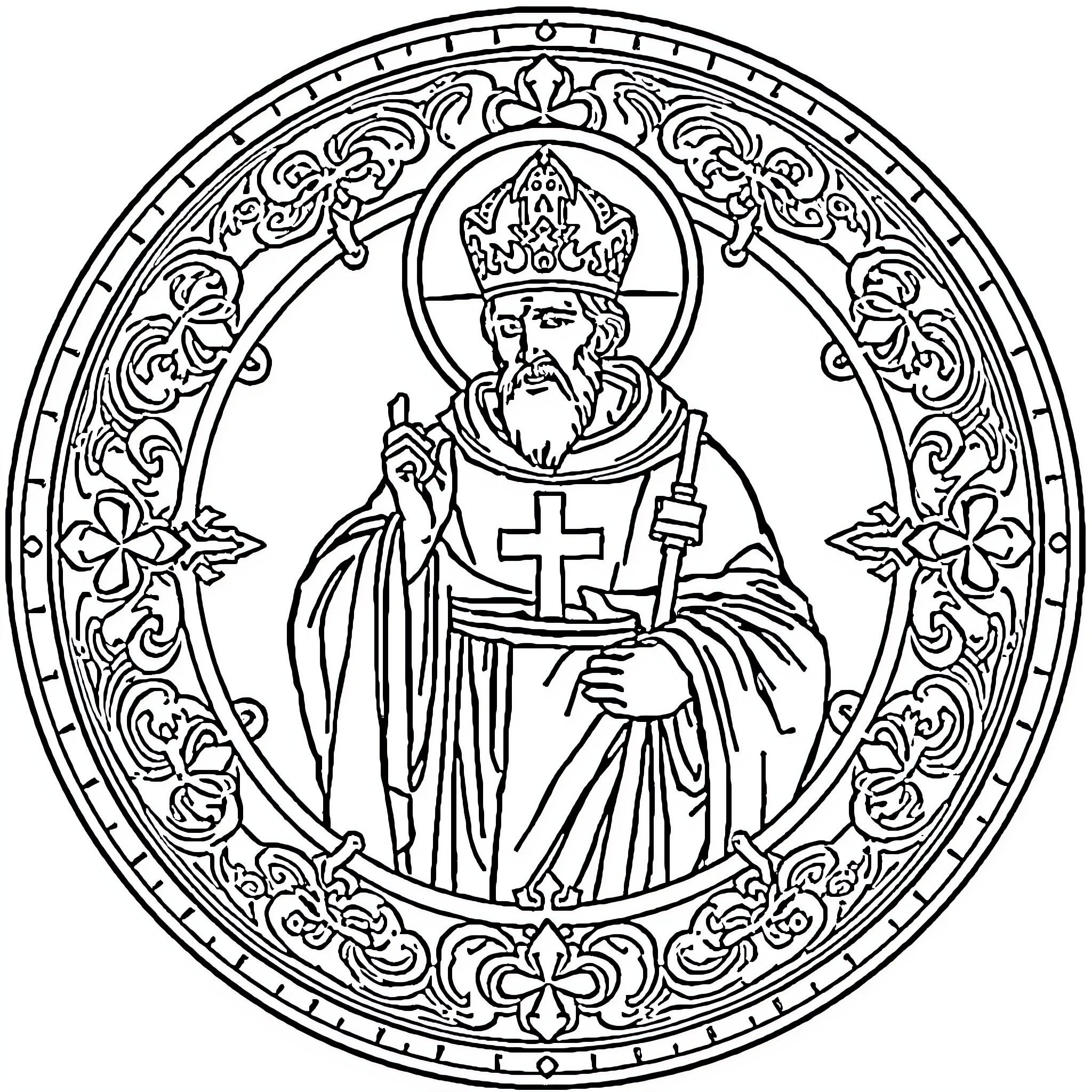 San Benito in Ornate Religious Attire Coloring Page (free black-and-white line drawing printable PDF for all, from beginners to advanced learners, including children, teens, adults, and seniors)