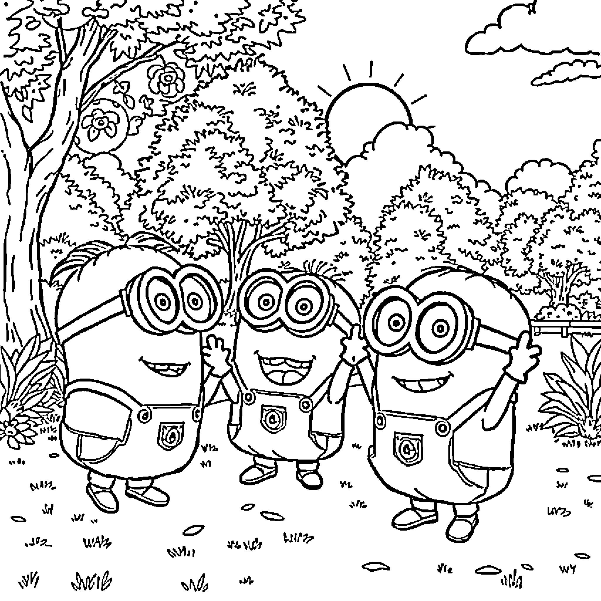 Minions in a Joyful Outdoor Adventure Coloring Page (free black-and-white line drawing printable PDF for all, from beginners to advanced learners, including children, teens, adults, and seniors)