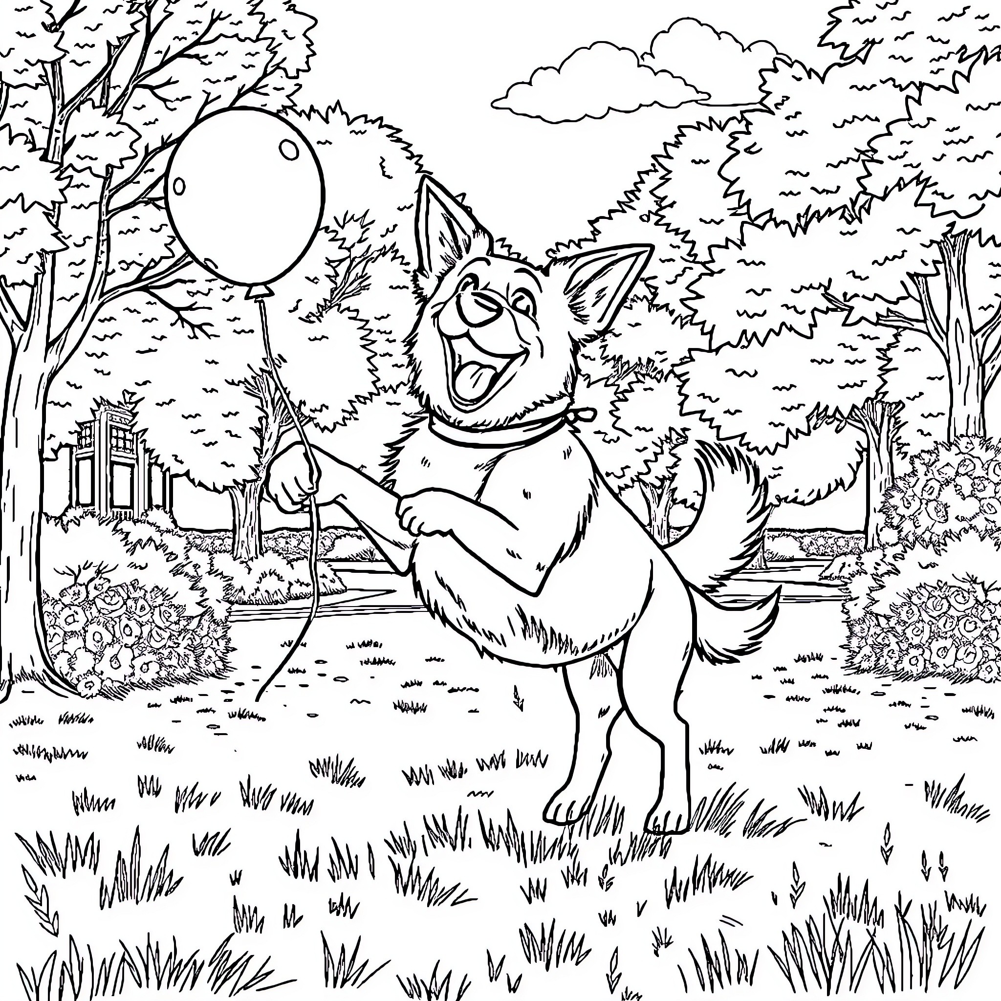 Dog happily playing with balloon in the park Coloring Page (free black-and-white line drawing printable PDF for all, from beginners to advanced learners, including children, teens, adults, and seniors)