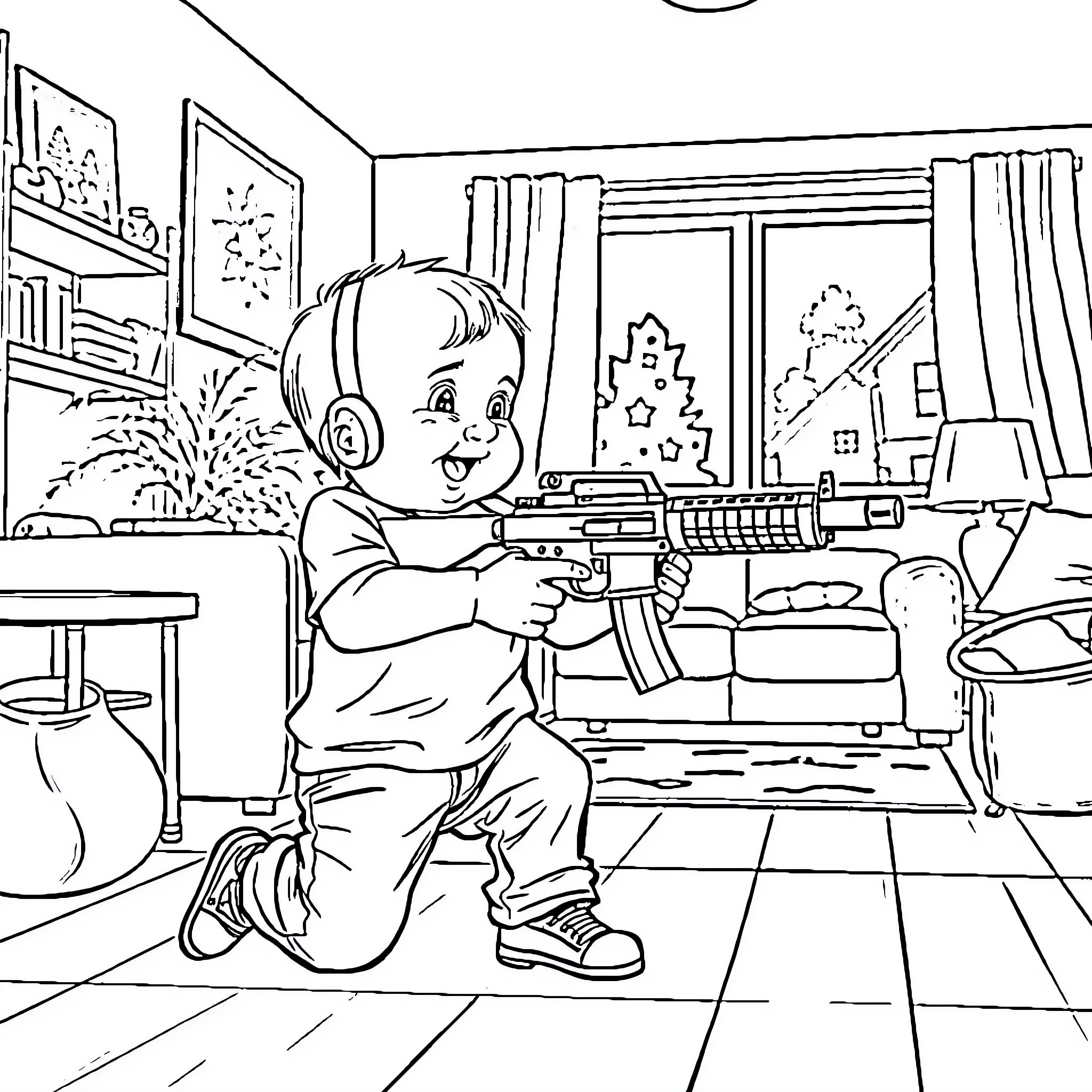 Baby playing with toy gun in living room Coloring Page (free black-and-white line drawing printable PDF for all, from beginners to advanced learners, including children, teens, adults, and seniors)
