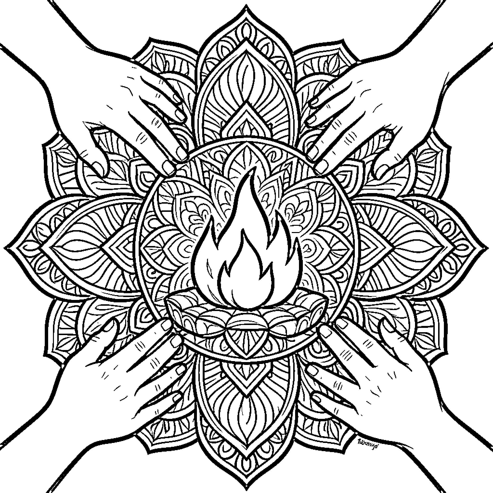 Mandala of hands embracing a flame Coloring Page (free black-and-white line drawing printable PDF for all, from beginners to advanced learners, including children, teens, adults, and seniors)