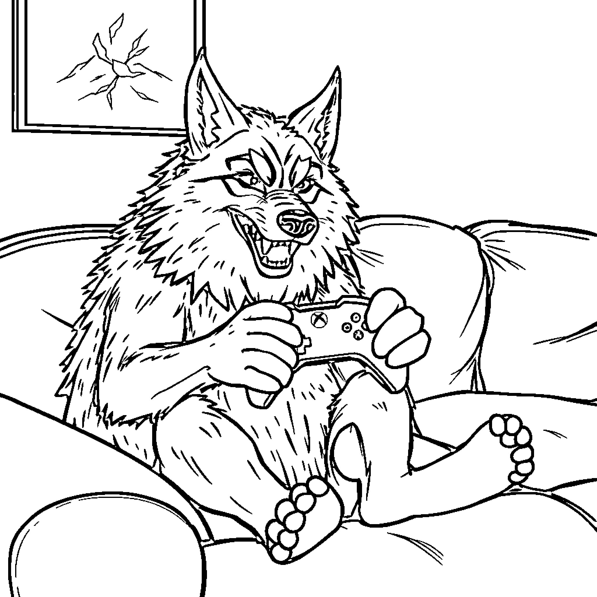 Werewolf playing a video game excitedly Coloring Page (free black-and-white line drawing printable PDF for all, from beginners to advanced learners, including children, teens, adults, and seniors)