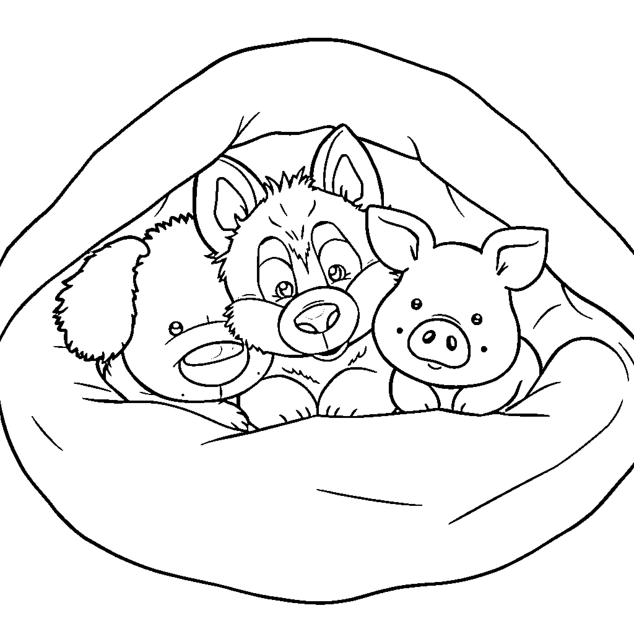Stuffed Animal Friends Snuggling Cozy Coloring Page (free black-and-white line drawing printable PDF for all, from beginners to advanced learners, including children, teens, adults, and seniors)