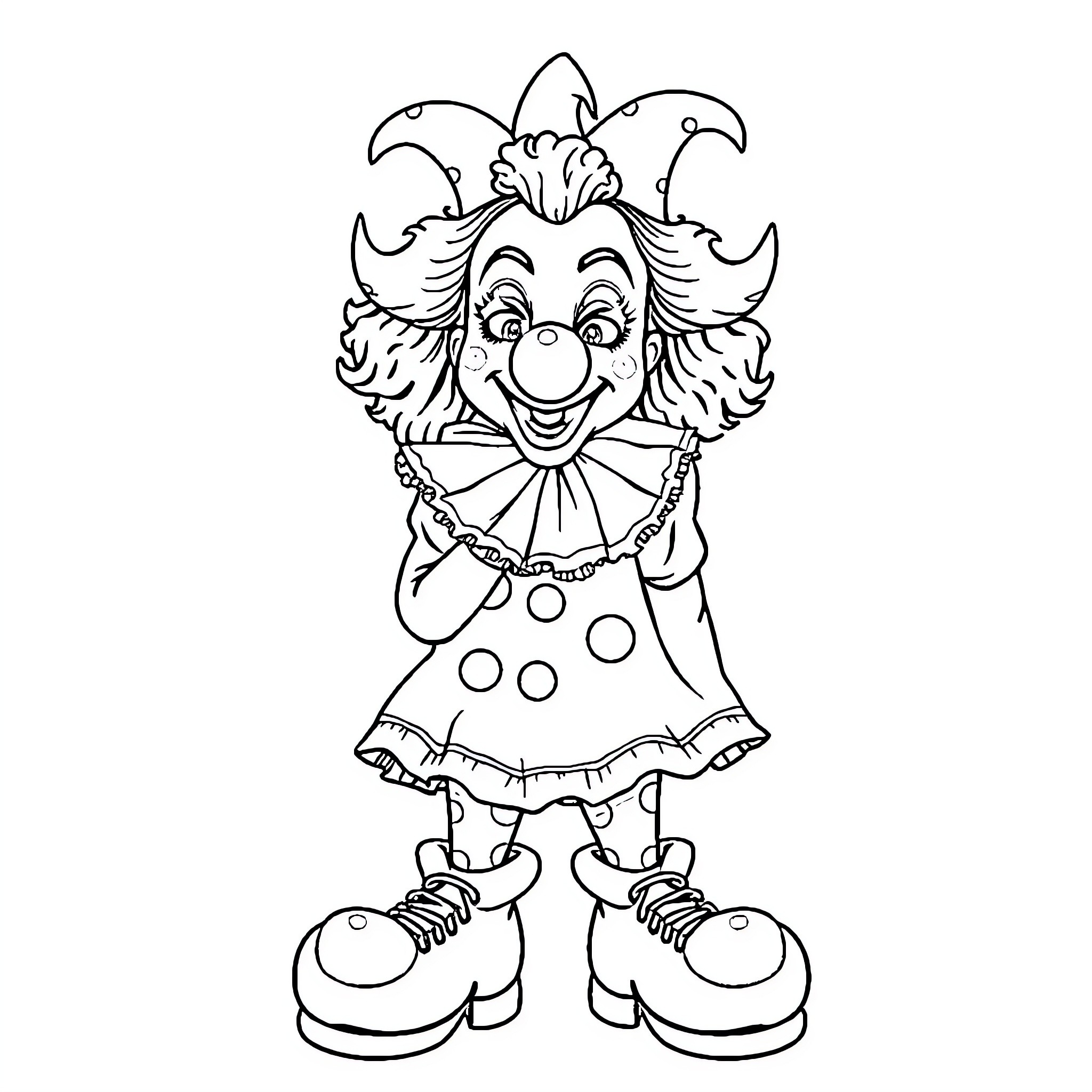 Clown with Exaggerated Facial Features and Costume Coloring Page (free black-and-white line drawing printable PDF for all, from beginners to advanced learners, including children, teens, adults, and seniors)