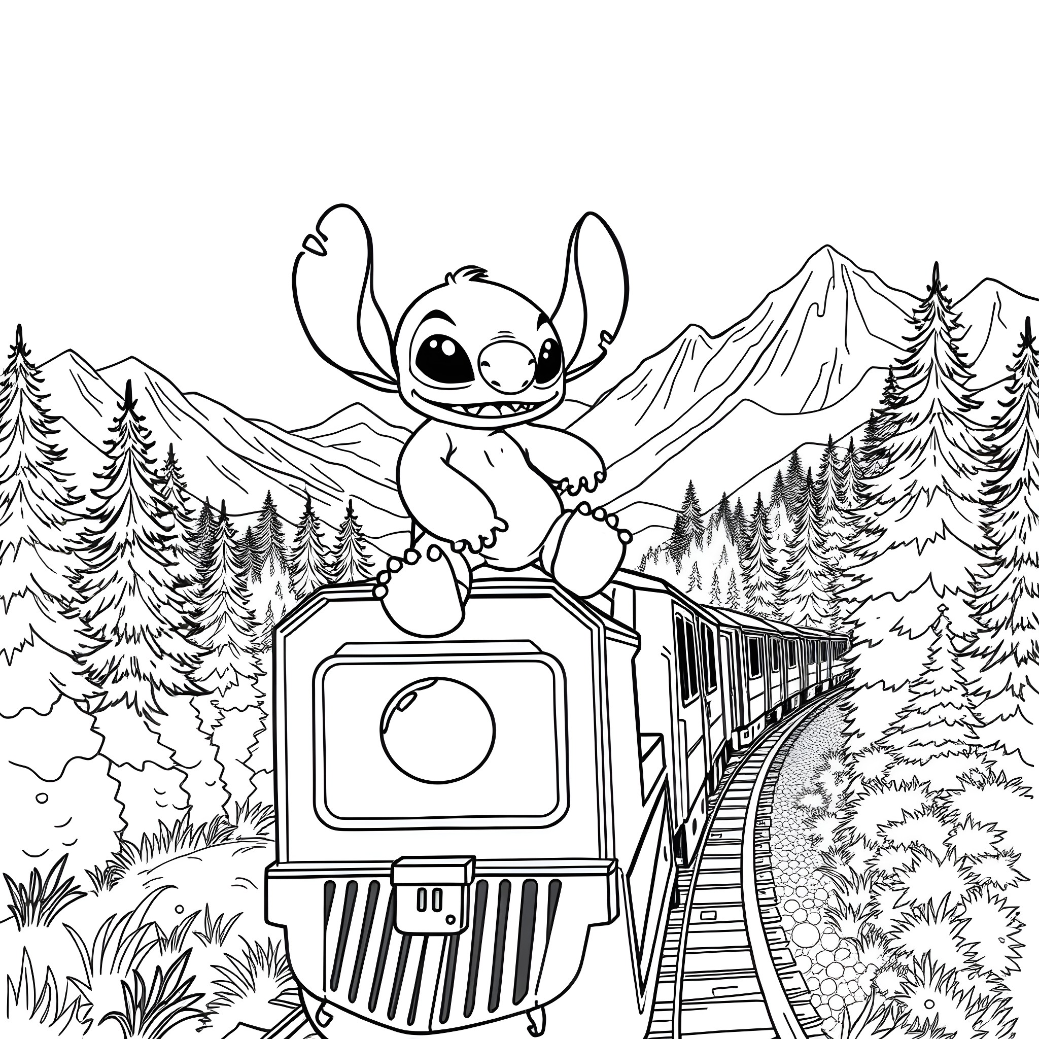 Stitch riding a whimsical train through the mountains Coloring Page (free black-and-white line drawing printable PDF for all, from beginners to advanced learners, including children, teens, adults, and seniors)