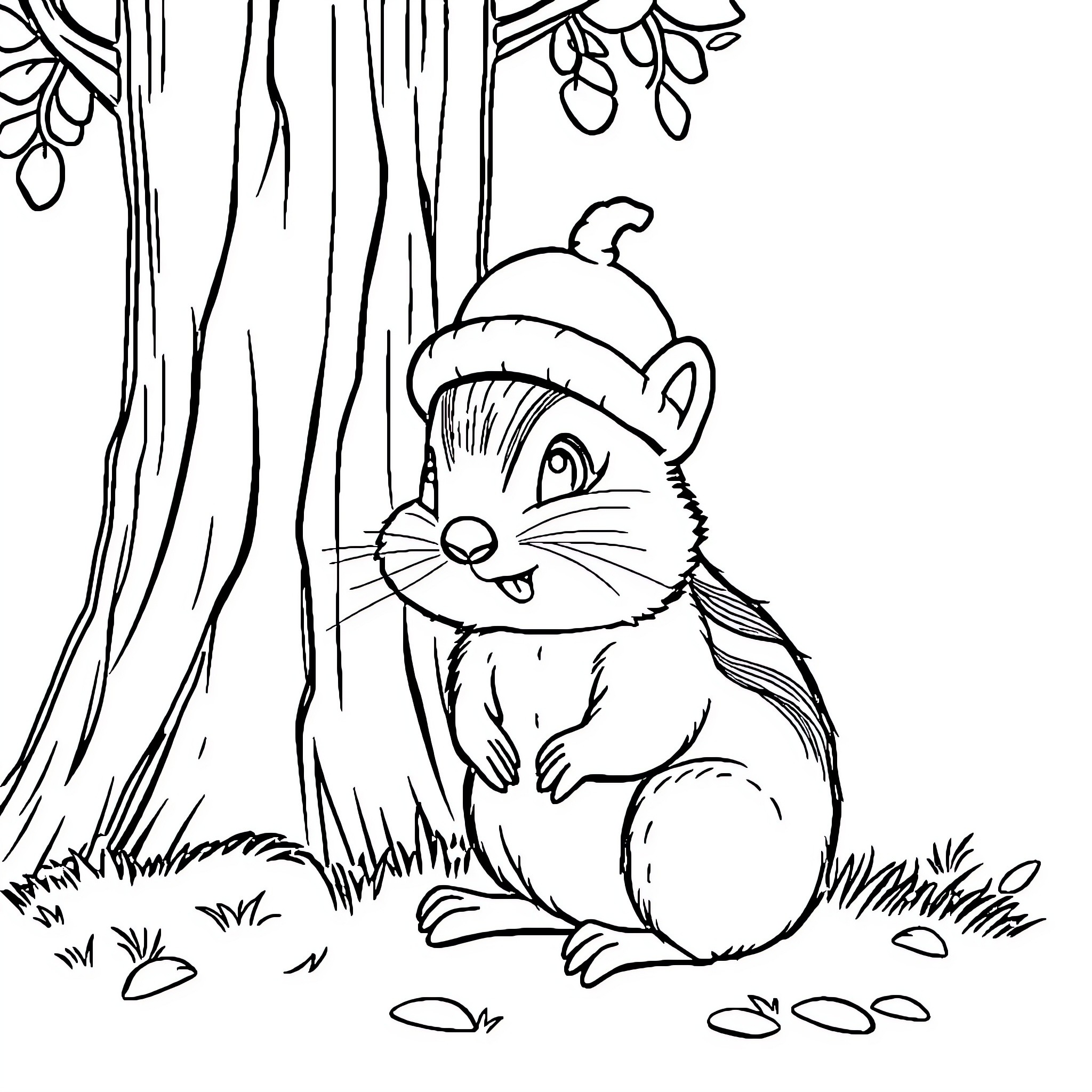 Chipmunk wearing winter hat in forest Coloring Page (free black-and-white line drawing printable PDF for all, from beginners to advanced learners, including children, teens, adults, and seniors)
