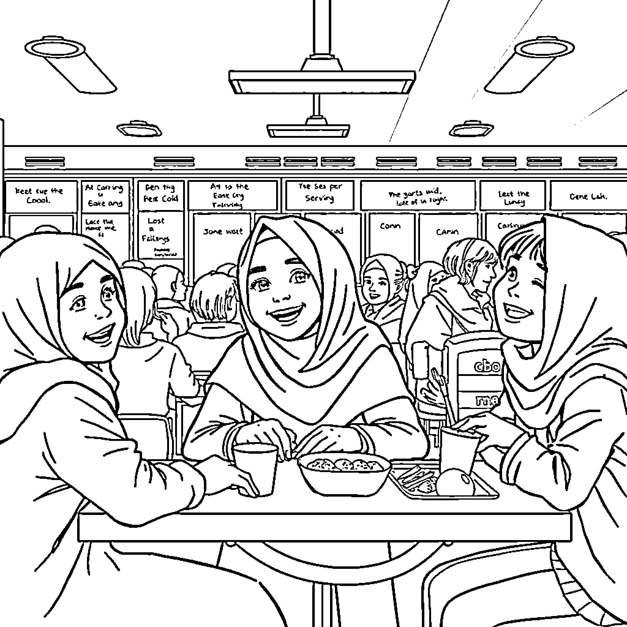 Girl and friends enjoying a meal together Coloring Page (free black-and-white line drawing printable PDF for all, from beginners to advanced learners, including children, teens, adults, and seniors)