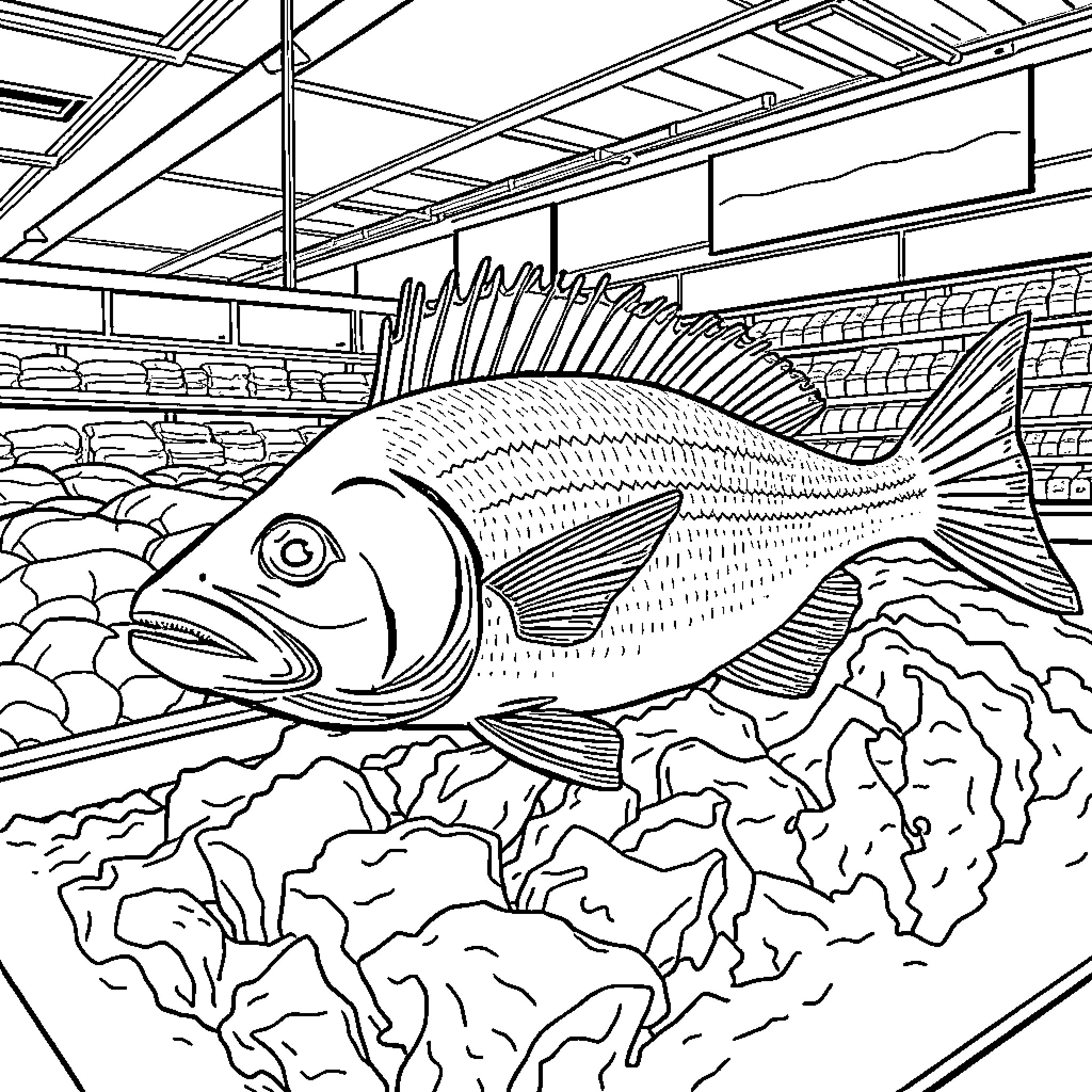 Barramundi swimming among coral and rocks Coloring Page (free black-and-white line drawing printable PDF for all, from beginners to advanced learners, including children, teens, adults, and seniors)