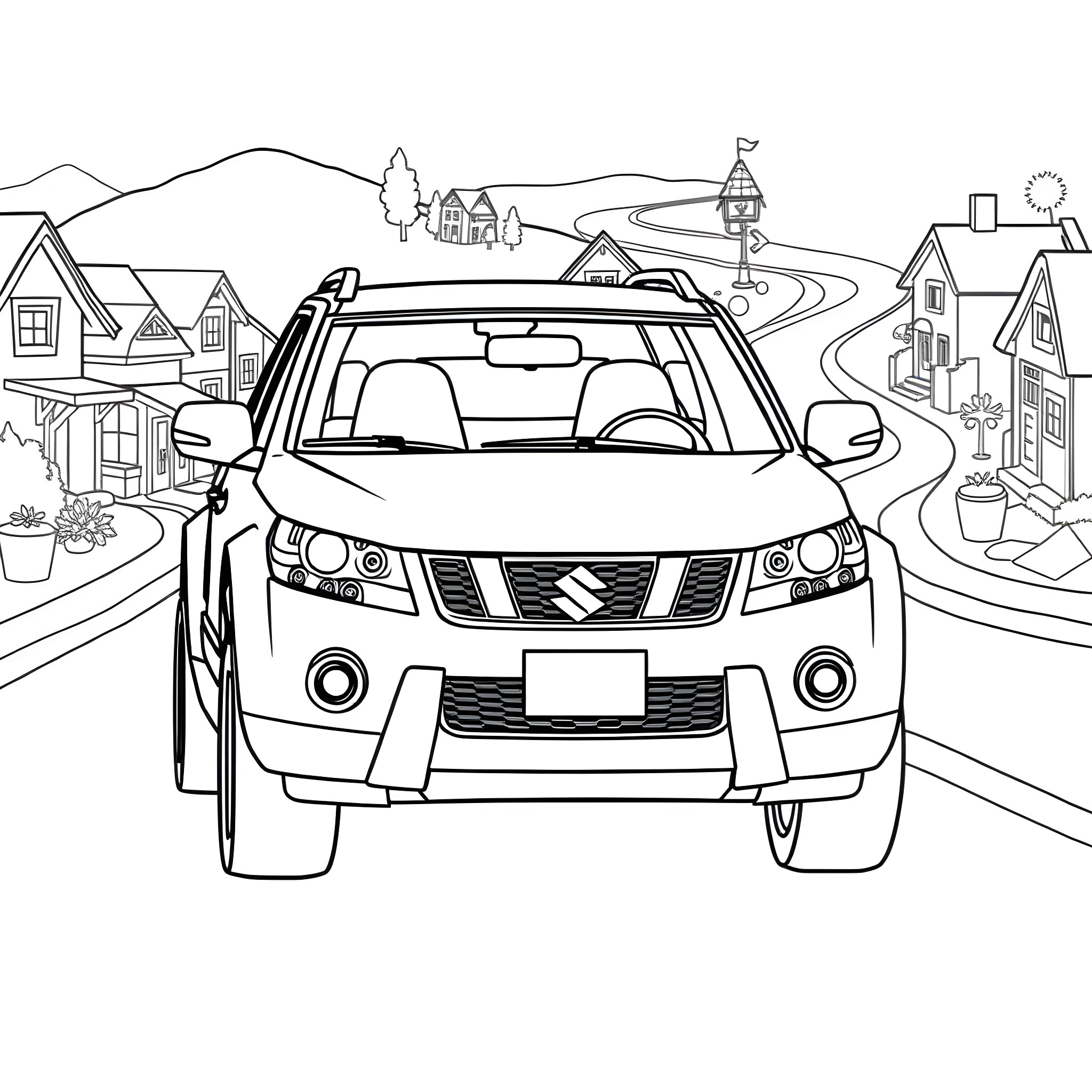 Car driving through a charming countryside town Coloring Page (free black-and-white line drawing printable PDF for all, from beginners to advanced learners, including children, teens, adults, and seniors)