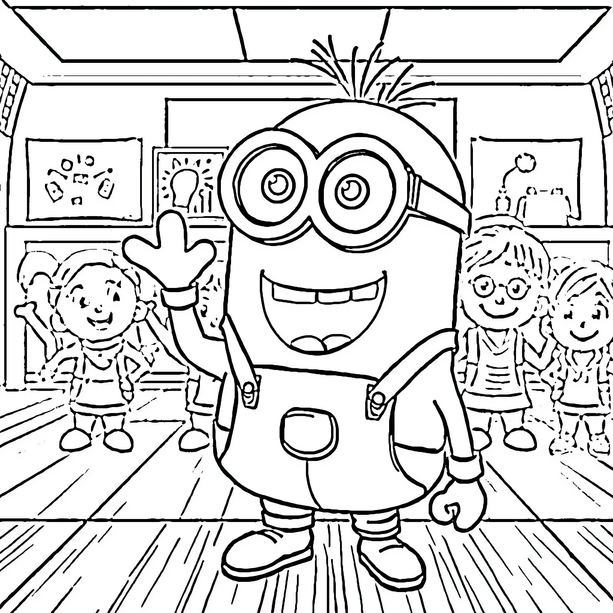 Minion performing on stage with children Coloring Page (free black-and-white line drawing printable PDF for all, from beginners to advanced learners, including children, teens, adults, and seniors)