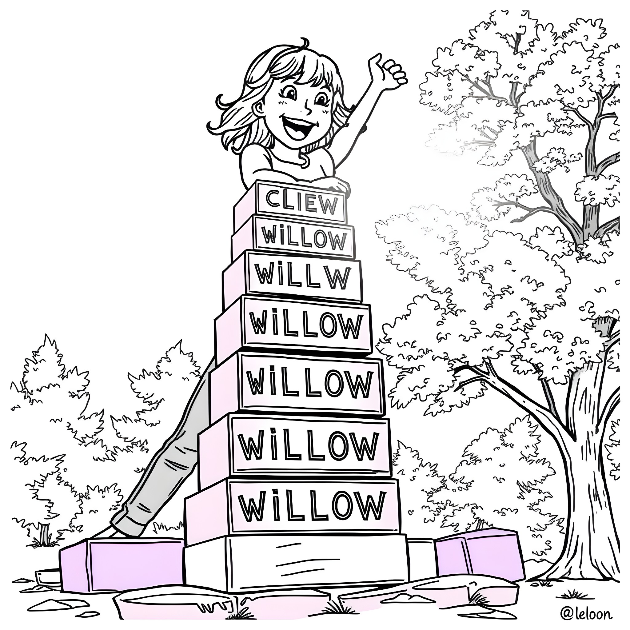 Rachael celebrates her name with a tower of blocks Coloring Page (free black-and-white line drawing printable PDF for all, from beginners to advanced learners, including children, teens, adults, and seniors)