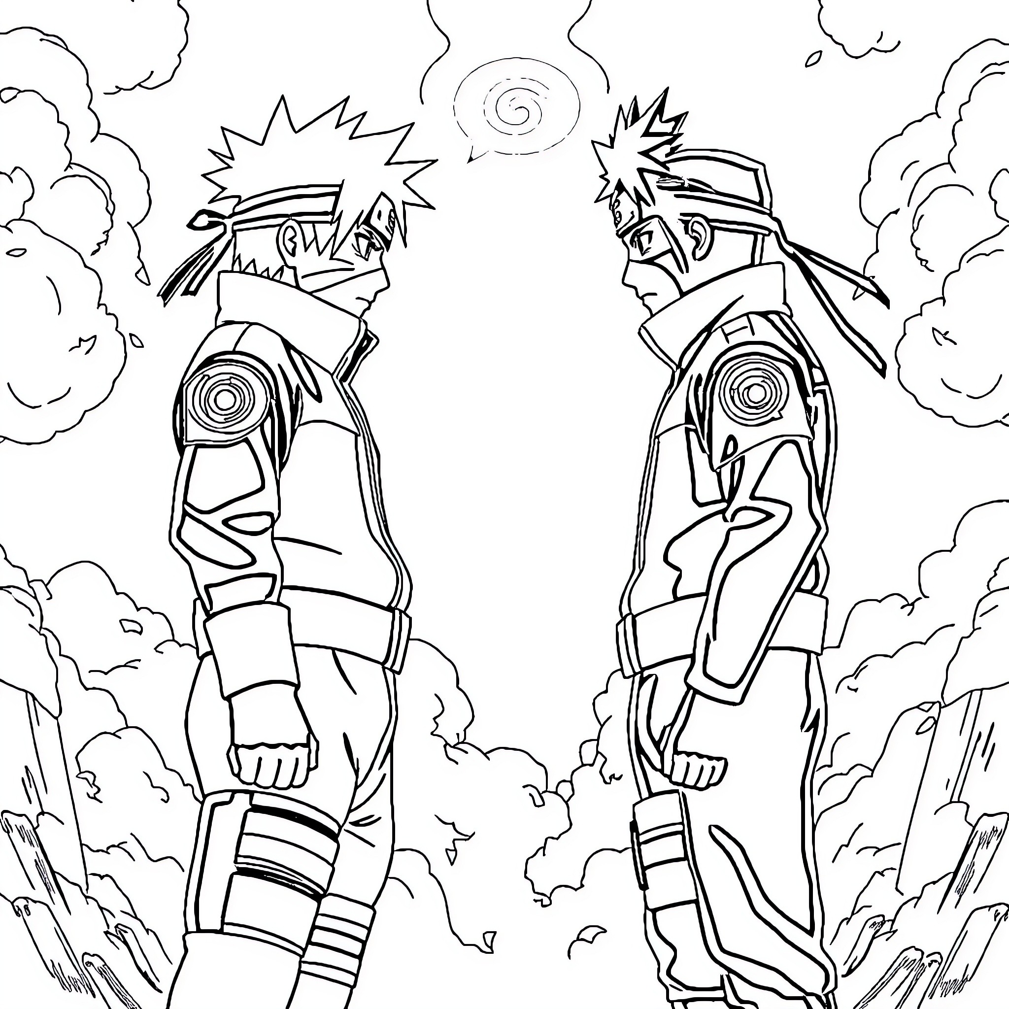 Naruto Characters Facing Off in Action Sequence Coloring Page (free black-and-white line drawing printable PDF for all, from beginners to advanced learners, including children, teens, adults, and seniors)