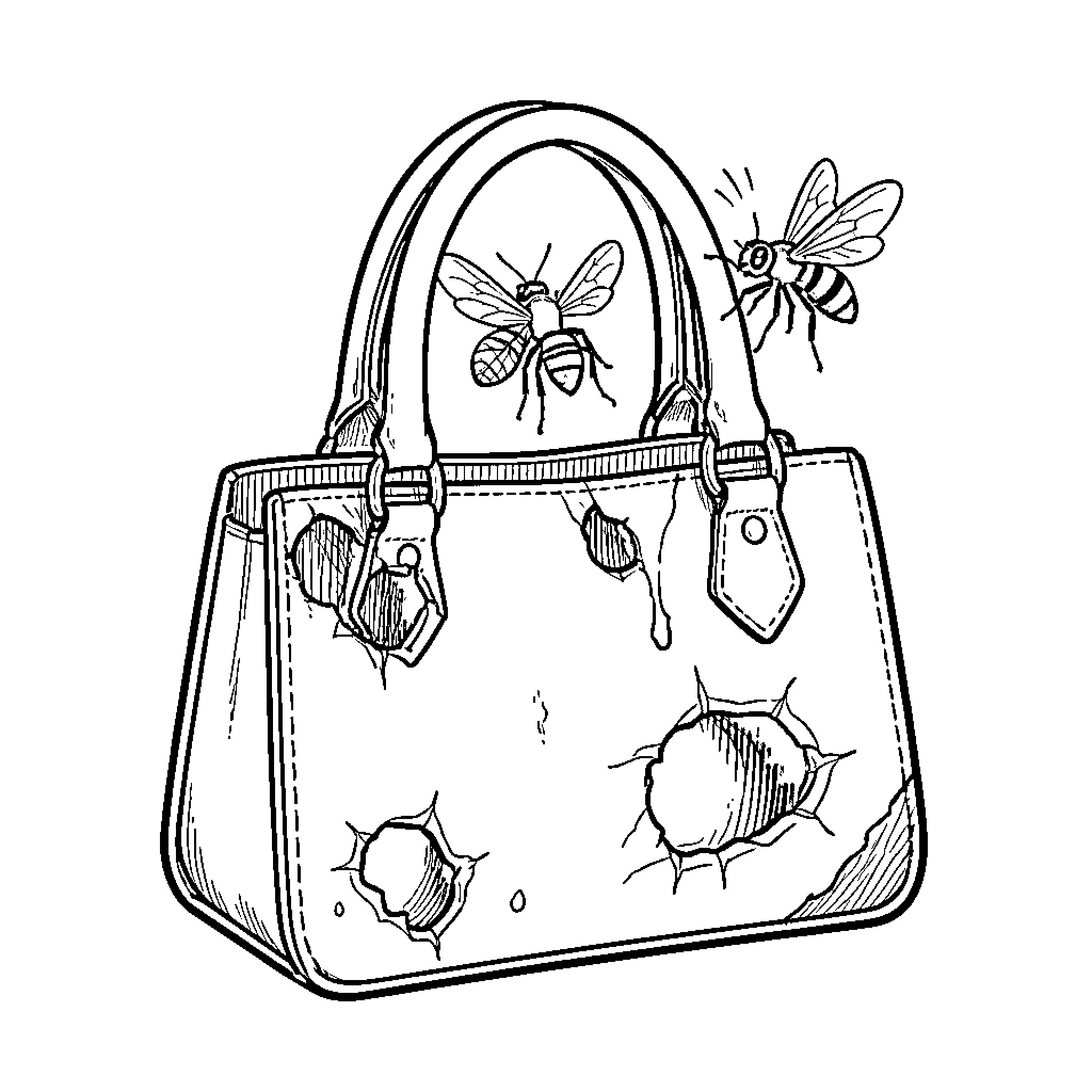 Fly bees swarming around a damaged handbag Coloring Page (free black-and-white line drawing printable PDF for all, from beginners to advanced learners, including children, teens, adults, and seniors)