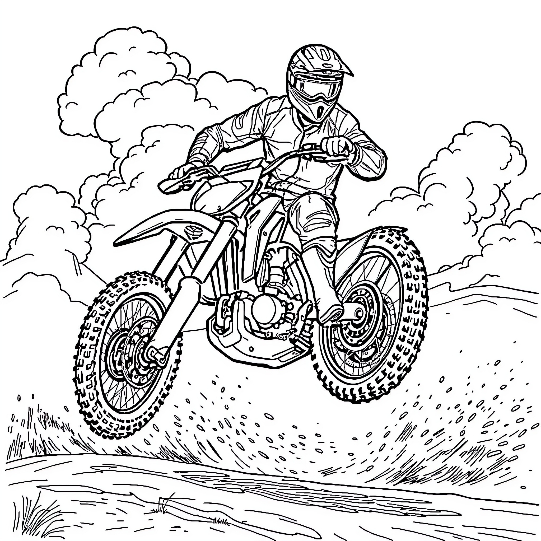 Motocross rider soaring over rugged terrain Coloring Page (free black-and-white line drawing printable PDF for all, from beginners to advanced learners, including children, teens, adults, and seniors)