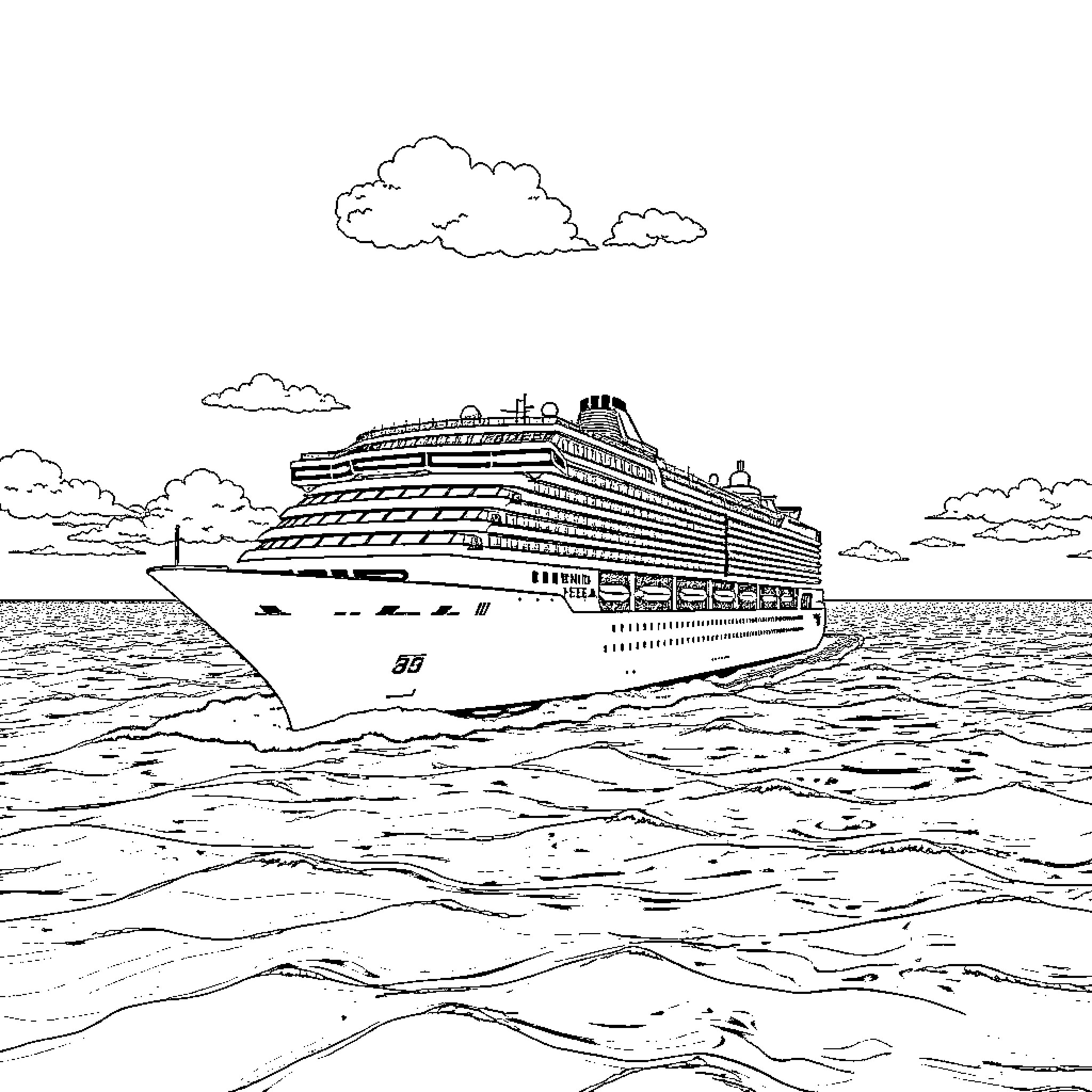 Cruise Ship Sailing Across the Ocean Coloring Page (free black-and-white line drawing printable PDF for all, from beginners to advanced learners, including children, teens, adults, and seniors)