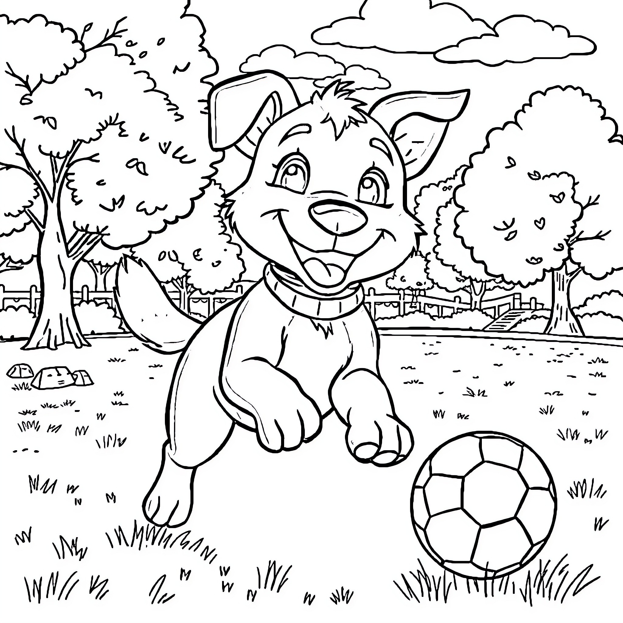 Bluey playing with a soccer ball in the park Coloring Page (free black-and-white line drawing printable PDF for all, from beginners to advanced learners, including children, teens, adults, and seniors)