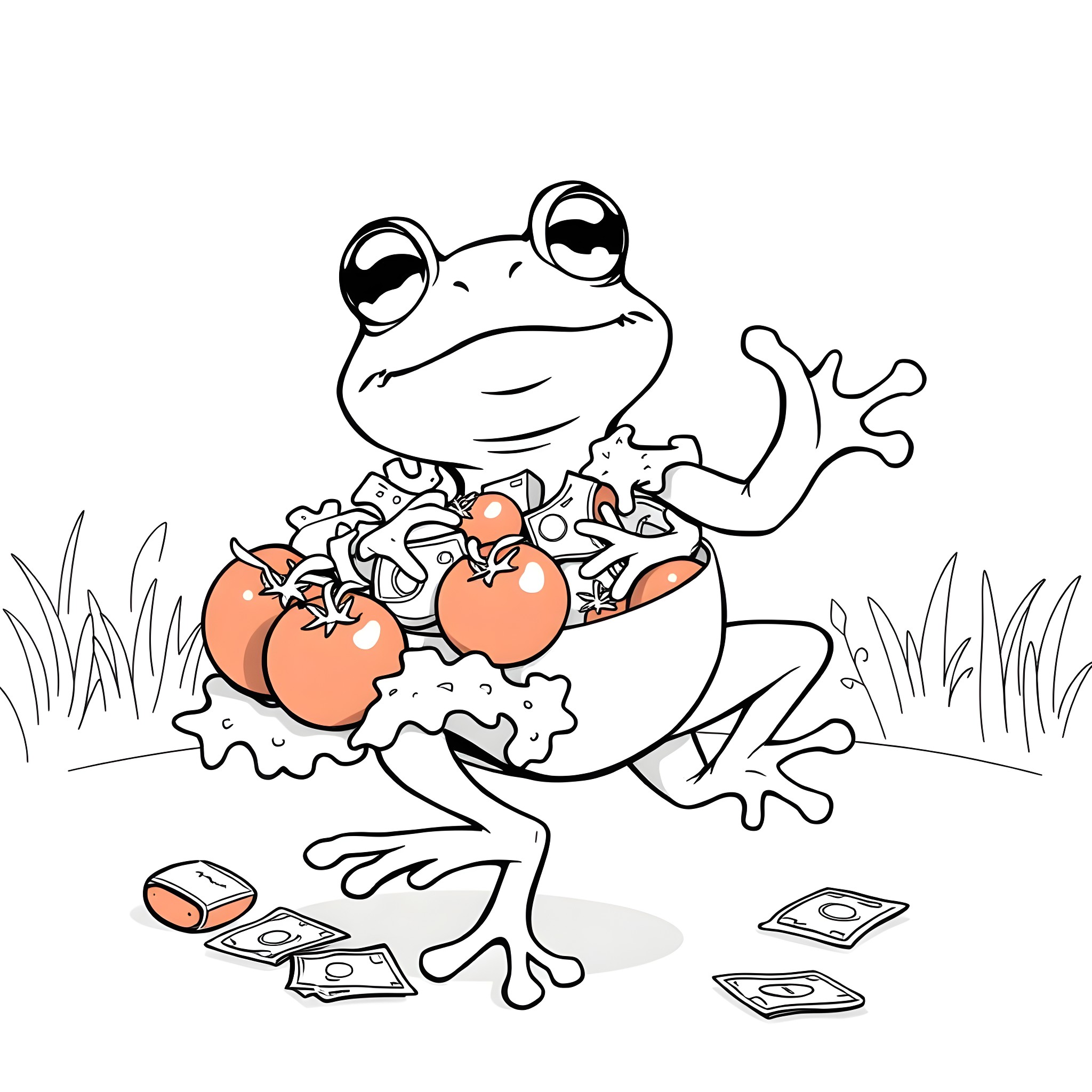 Frog enjoying a feast of apples and cash Coloring Page (free black-and-white line drawing printable PDF for all, from beginners to advanced learners, including children, teens, adults, and seniors)