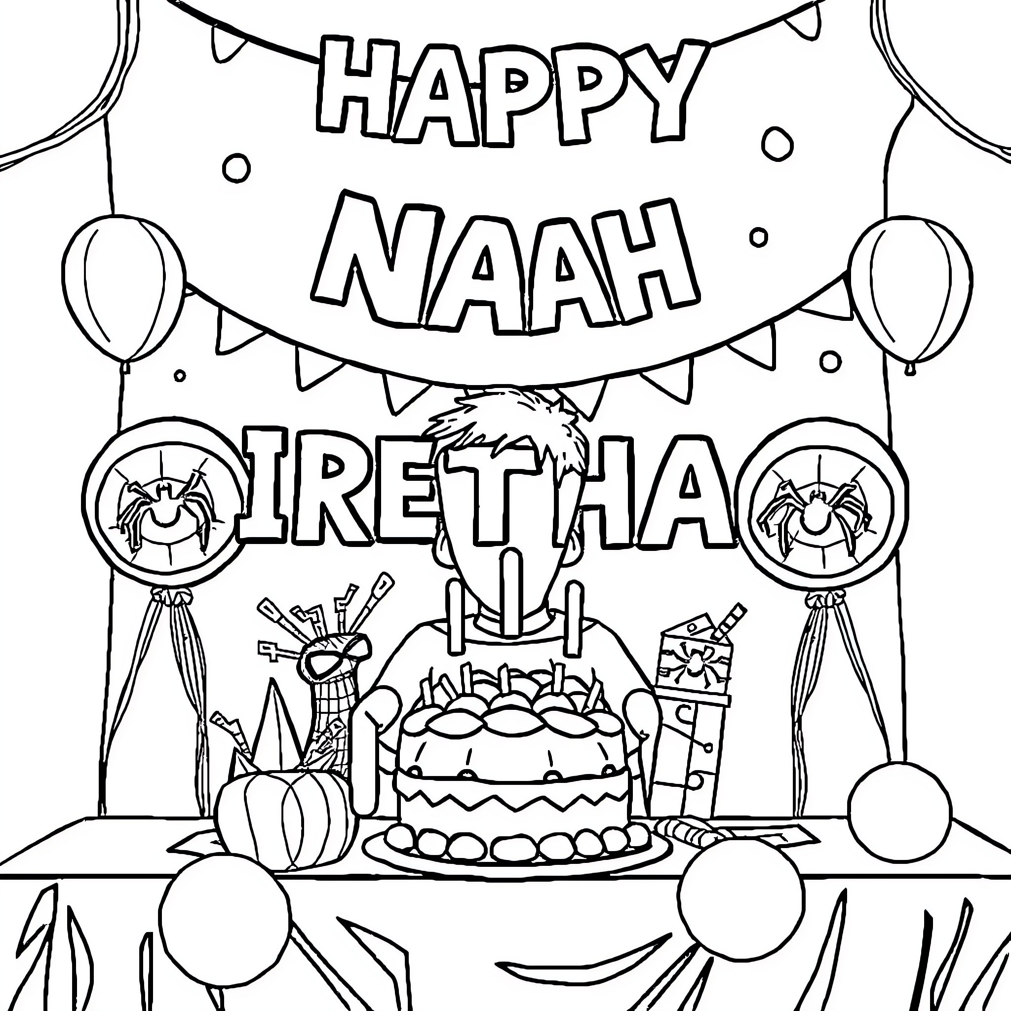 Spiderman's Festive Birthday Celebration Coloring Page (free black-and-white line drawing printable PDF for all, from beginners to advanced learners, including children, teens, adults, and seniors)