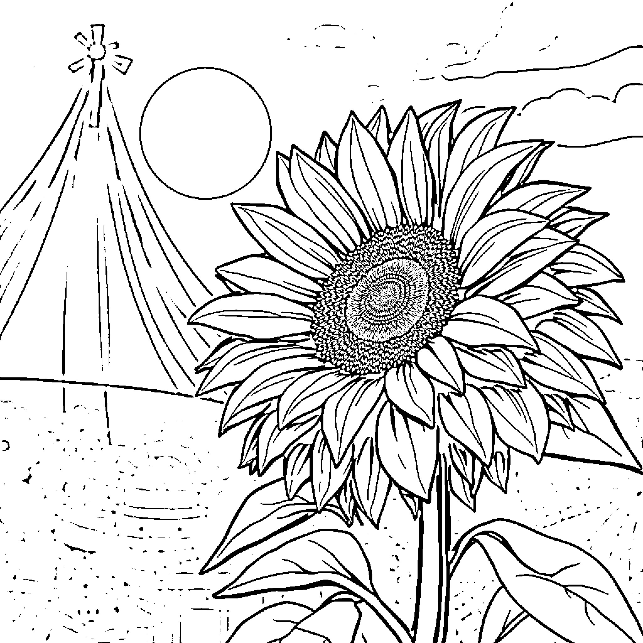 Sunflower blooming in the landscape Coloring Page (free black-and-white line drawing printable PDF for all, from beginners to advanced learners, including children, teens, adults, and seniors)