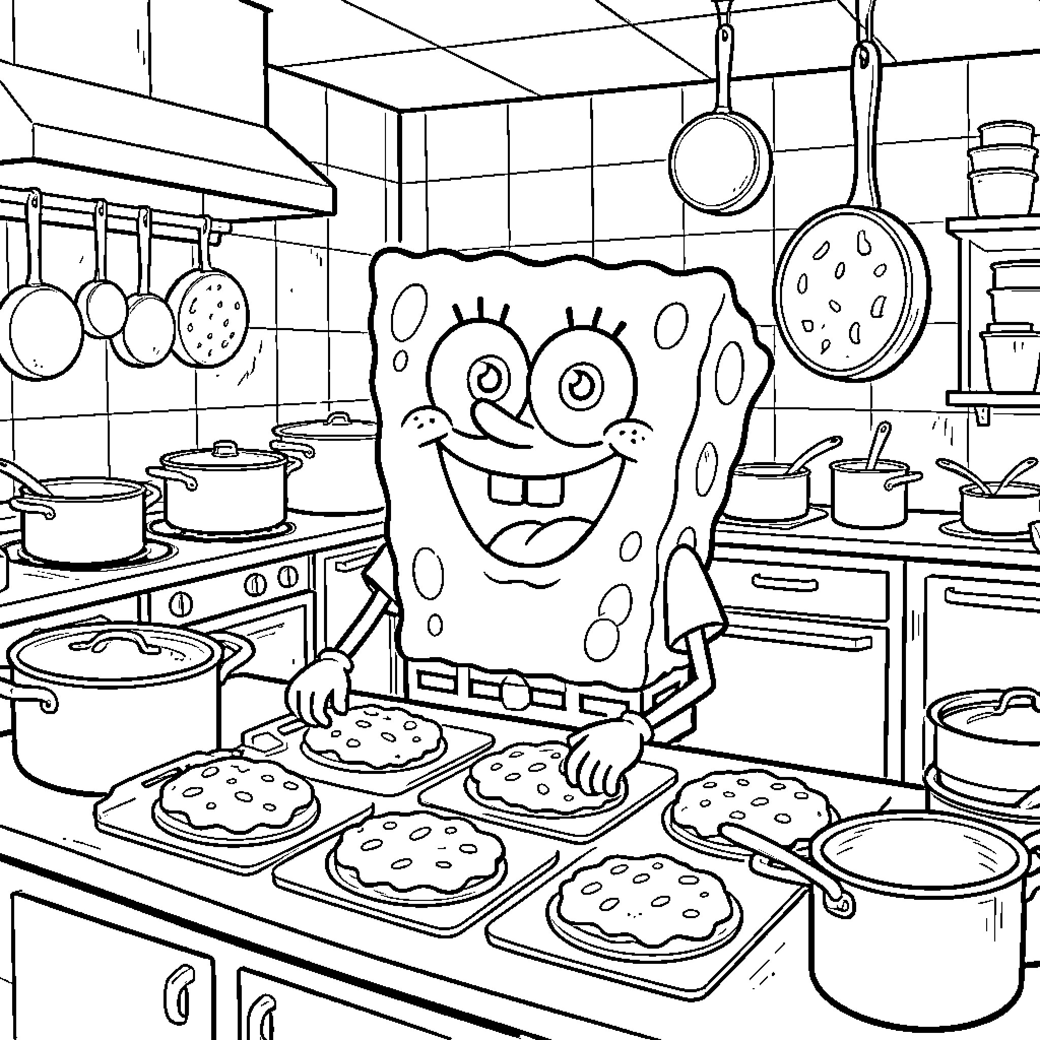 Spongebob baking cookies in the kitchen Coloring Page (free black-and-white line drawing printable PDF for all, from beginners to advanced learners, including children, teens, adults, and seniors)