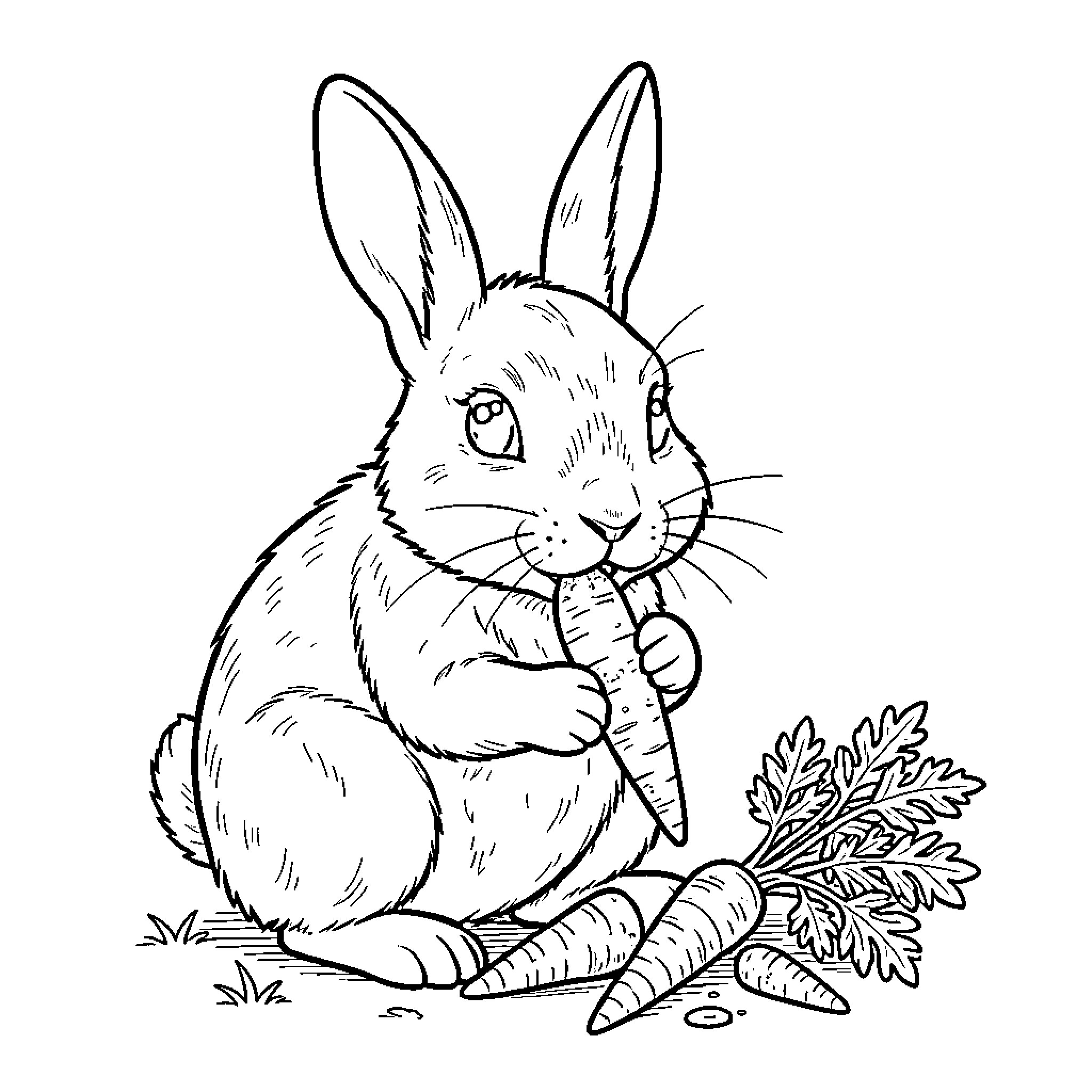 Rabbit nibbling on a large carrot Coloring Page (free black-and-white line drawing printable PDF for all, from beginners to advanced learners, including children, teens, adults, and seniors)