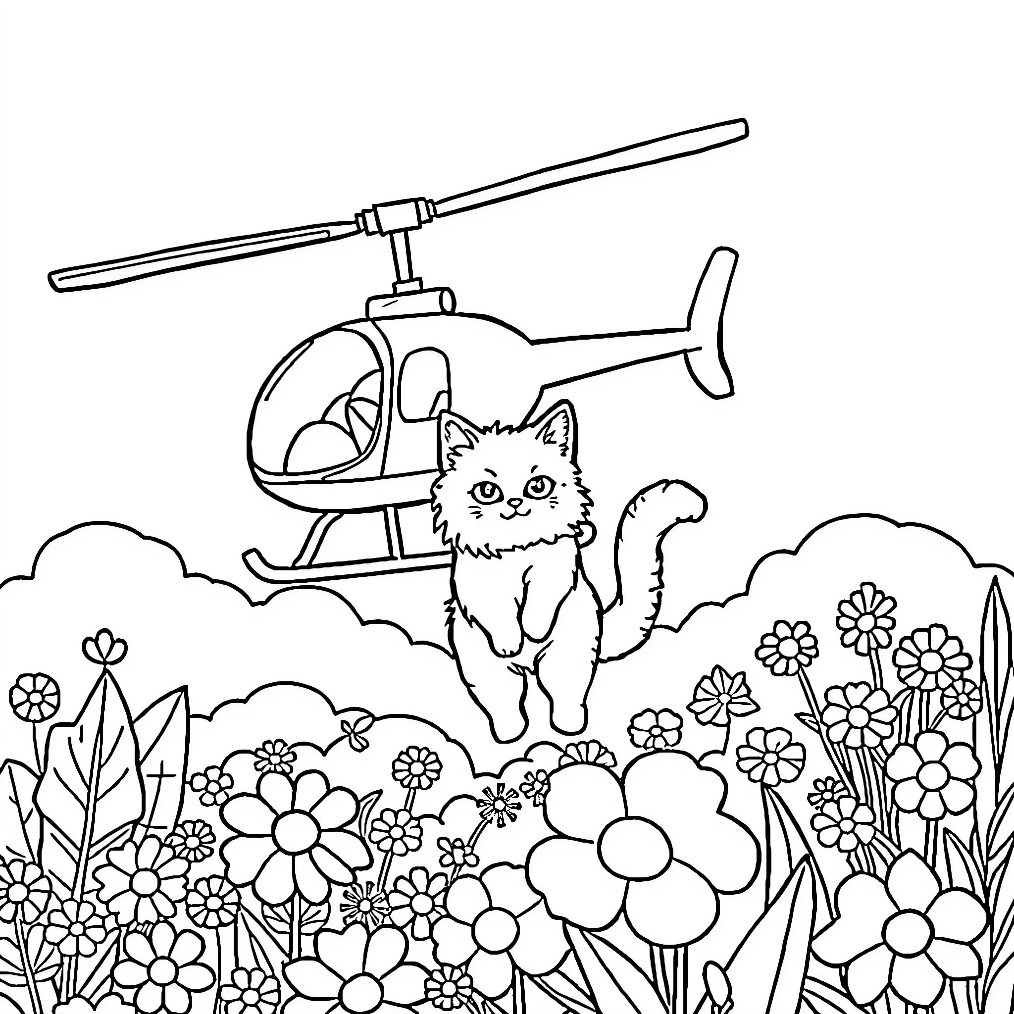Helicopter carrying cute cat over floral landscape Coloring Page (free black-and-white line drawing printable PDF for all, from beginners to advanced learners, including children, teens, adults, and seniors)