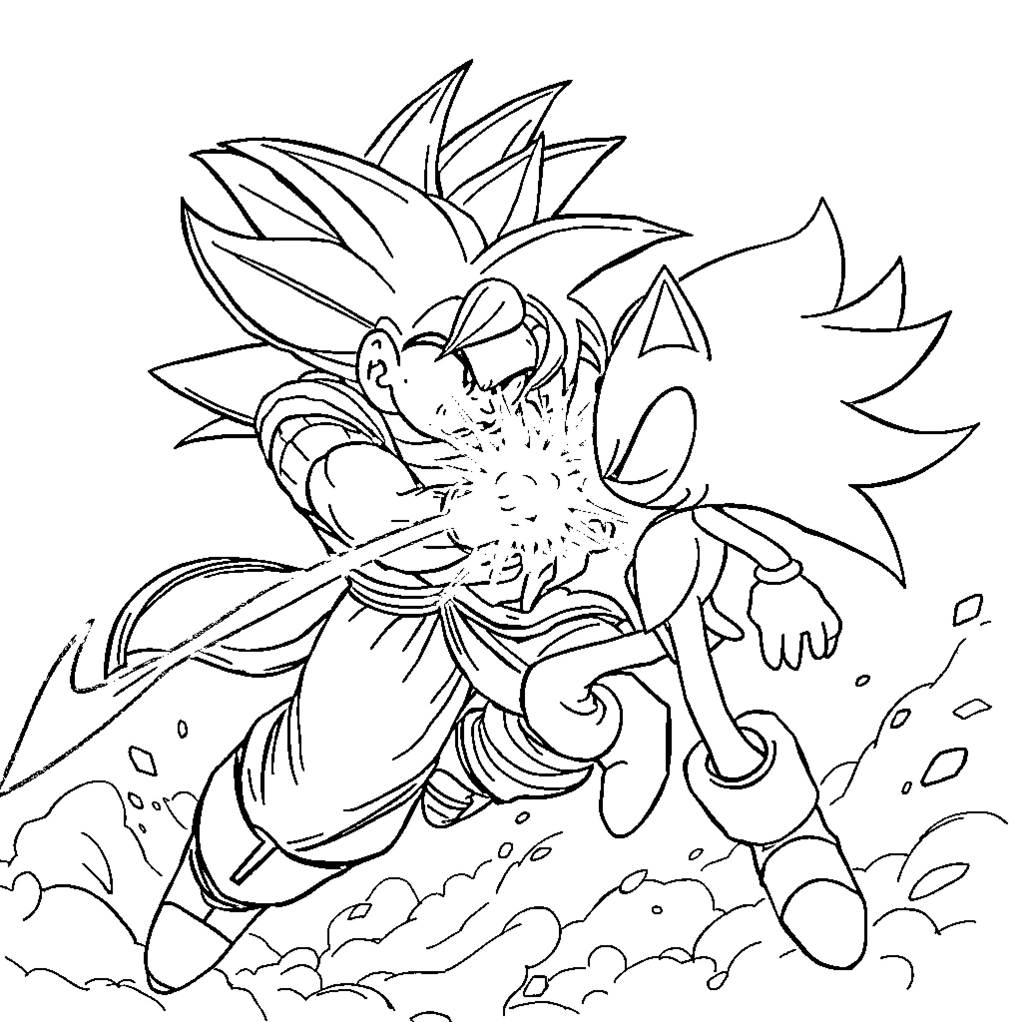 Son Goku unleashing powerful energy attack Coloring Page (free black-and-white line drawing printable PDF for all, from beginners to advanced learners, including children, teens, adults, and seniors)