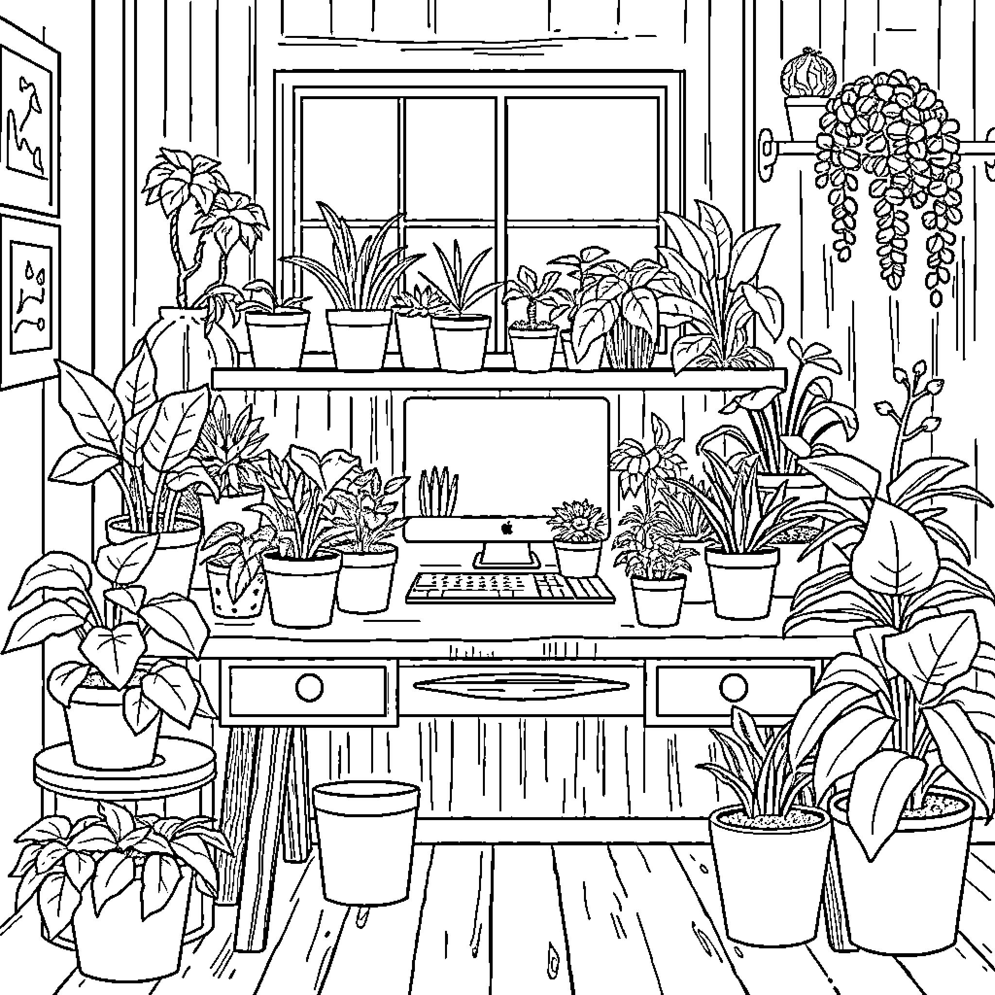 Plant-filled indoor greenhouse or solarium Coloring Page (free black-and-white line drawing printable PDF for all, from beginners to advanced learners, including children, teens, adults, and seniors)