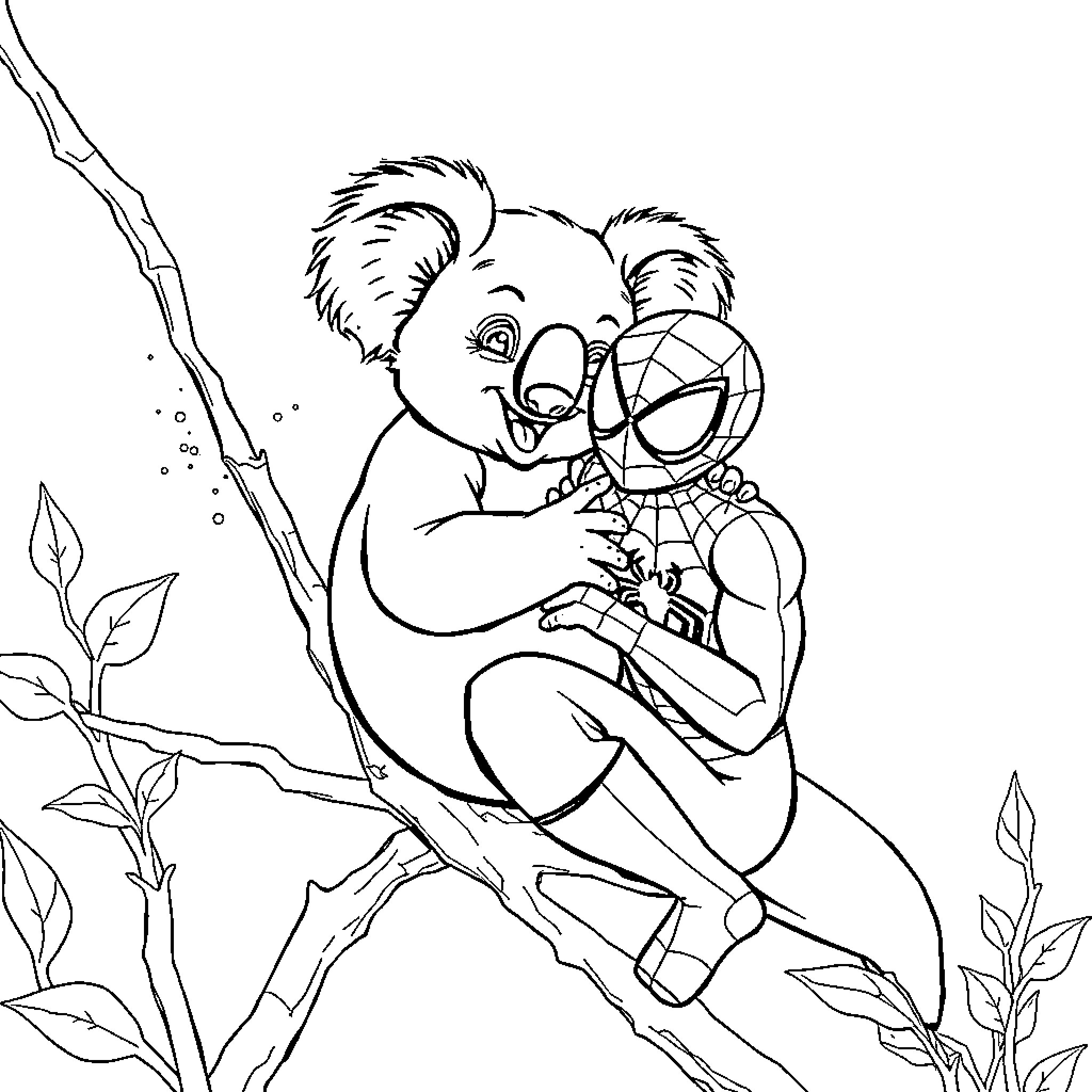 Koala embracing friendly superhero in forest Coloring Page (free black-and-white line drawing printable PDF for all, from beginners to advanced learners, including children, teens, adults, and seniors)