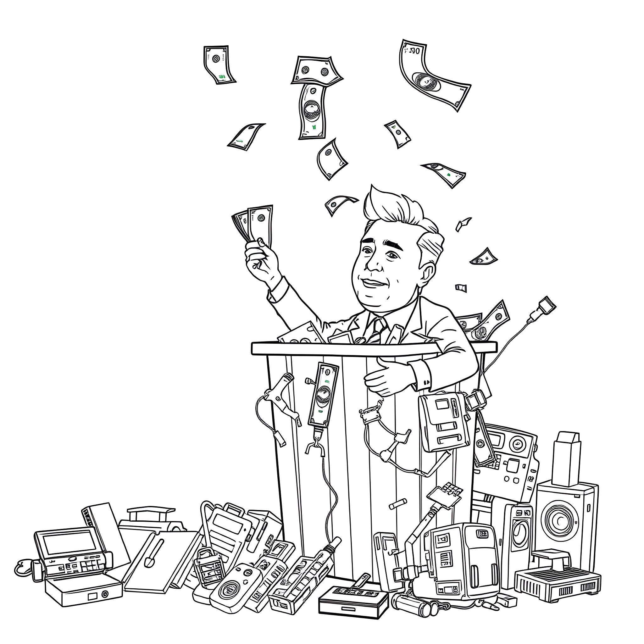 Trump throwing money over a cluttered desk Coloring Page (free black-and-white line drawing printable PDF for all, from beginners to advanced learners, including children, teens, adults, and seniors)